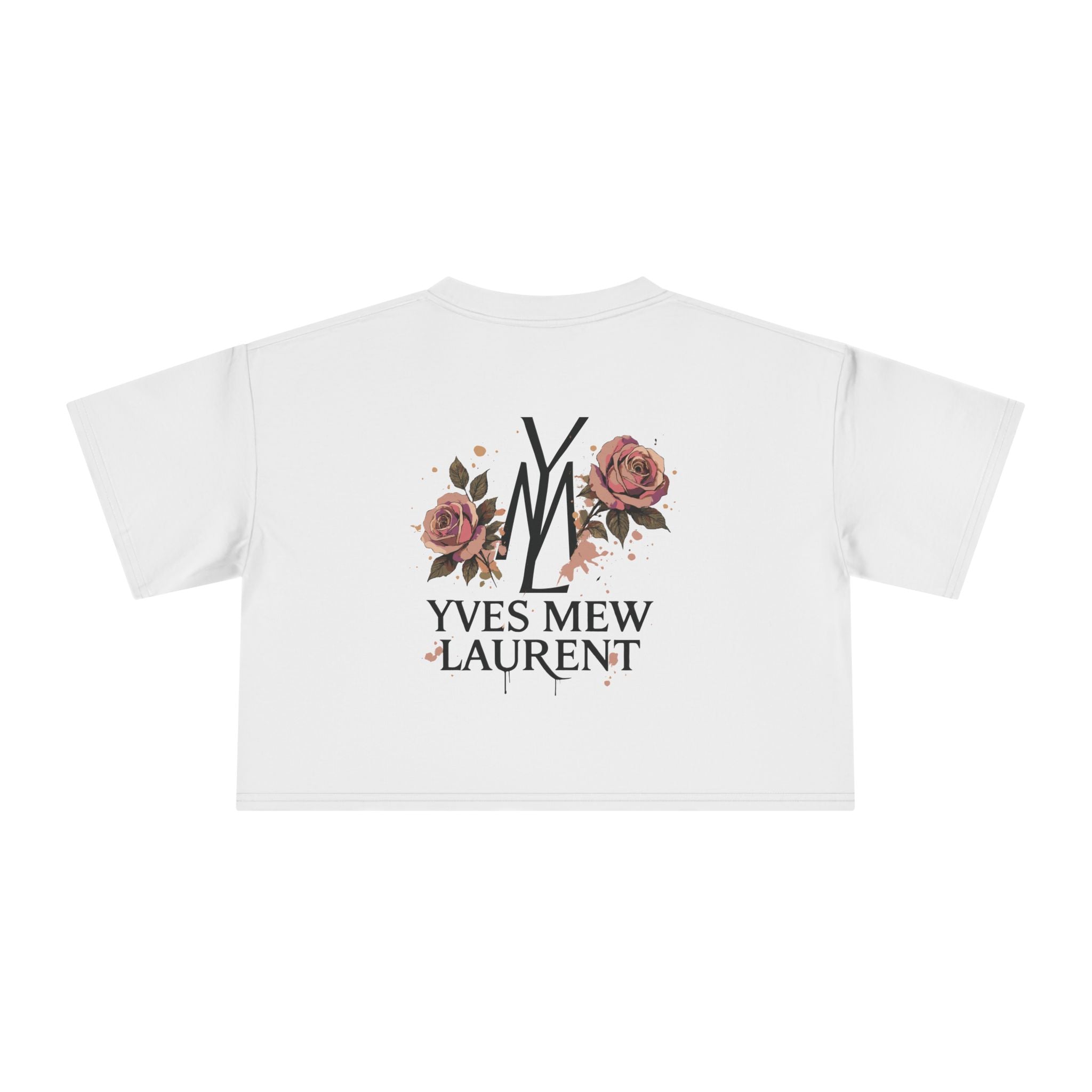 back view white crop top, floral logo print