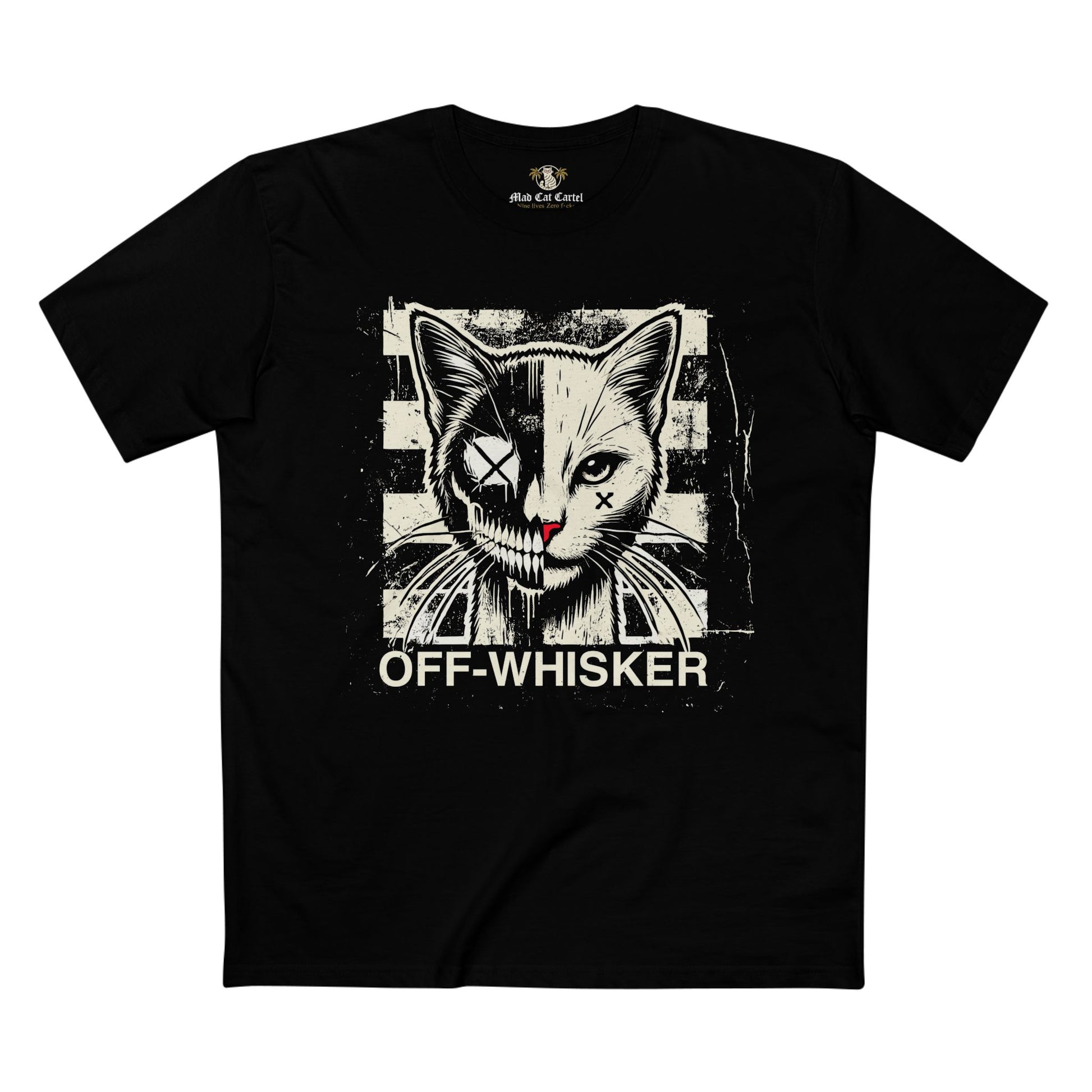 Black Off-Whisker Split Face cat face t shirt β edgy cat lover t shirt with unique design