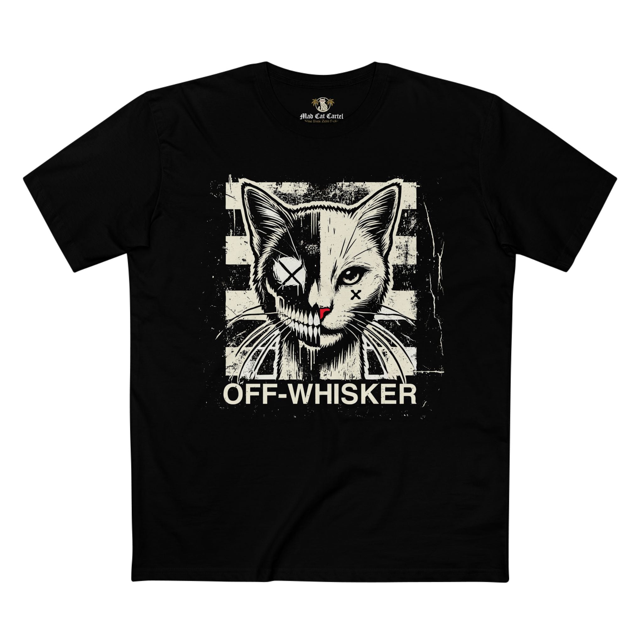 Black Off-Whisker Split Face cat face t shirt β edgy cat lover t shirt with unique design