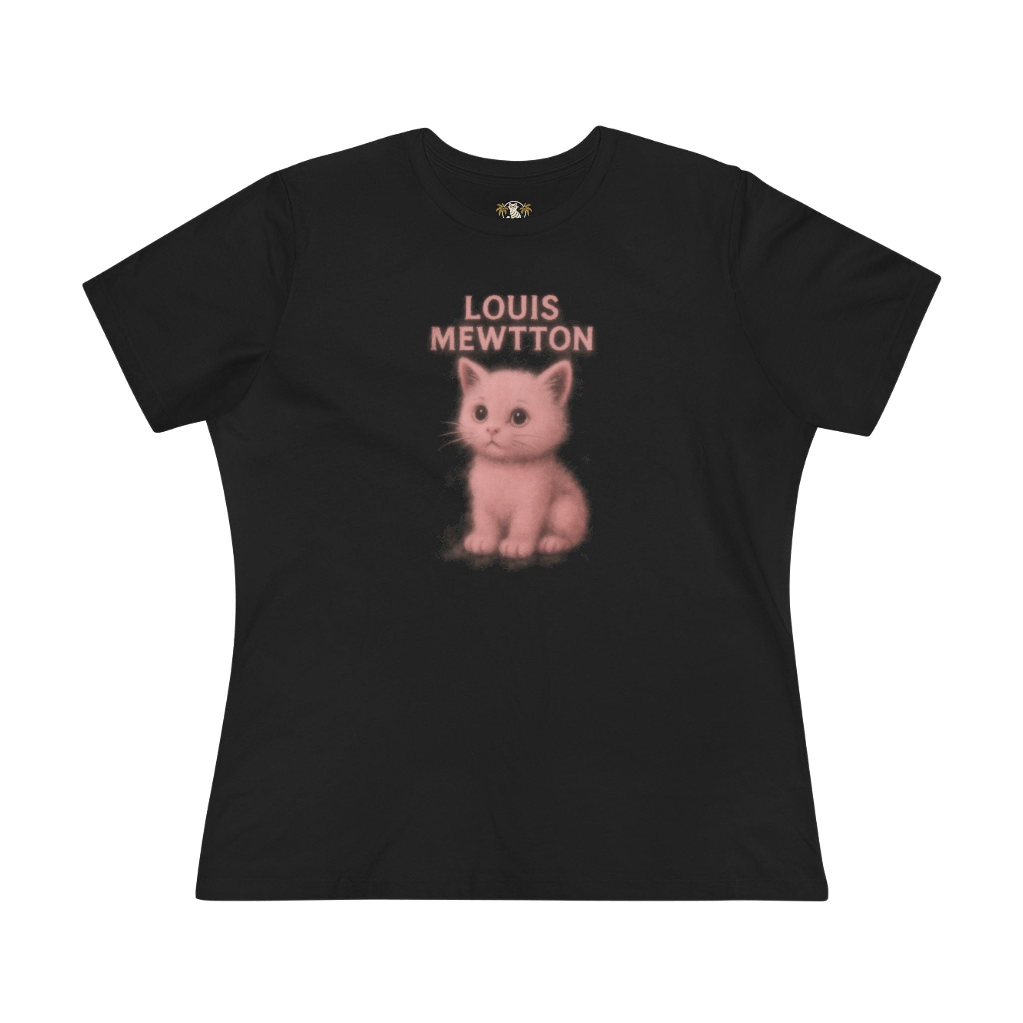 Louis Mewtton Dark Mode Cat in Glasses Graphic Black T Shirt flat front view tee shirts with cats