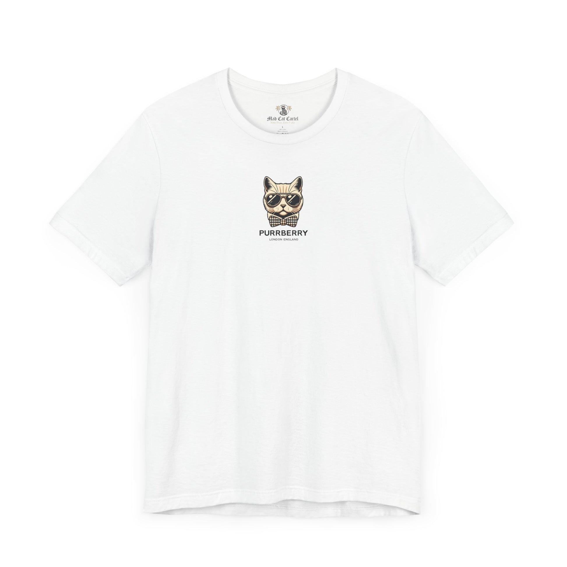purrberry london mini crest cat graphic t shirt white front view cat lover shirts