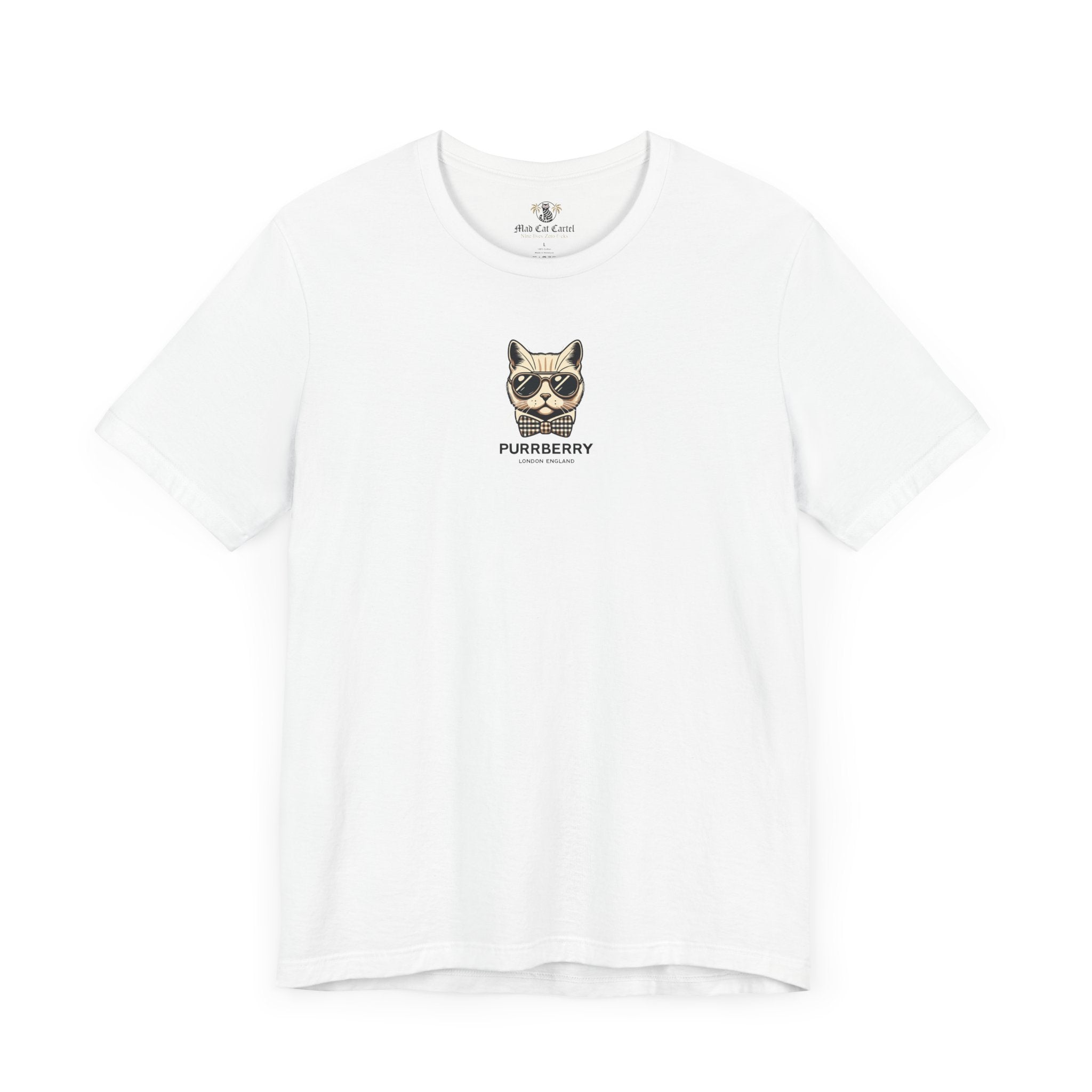 purrberry london mini crest cat graphic t shirt white front view cat lover shirts