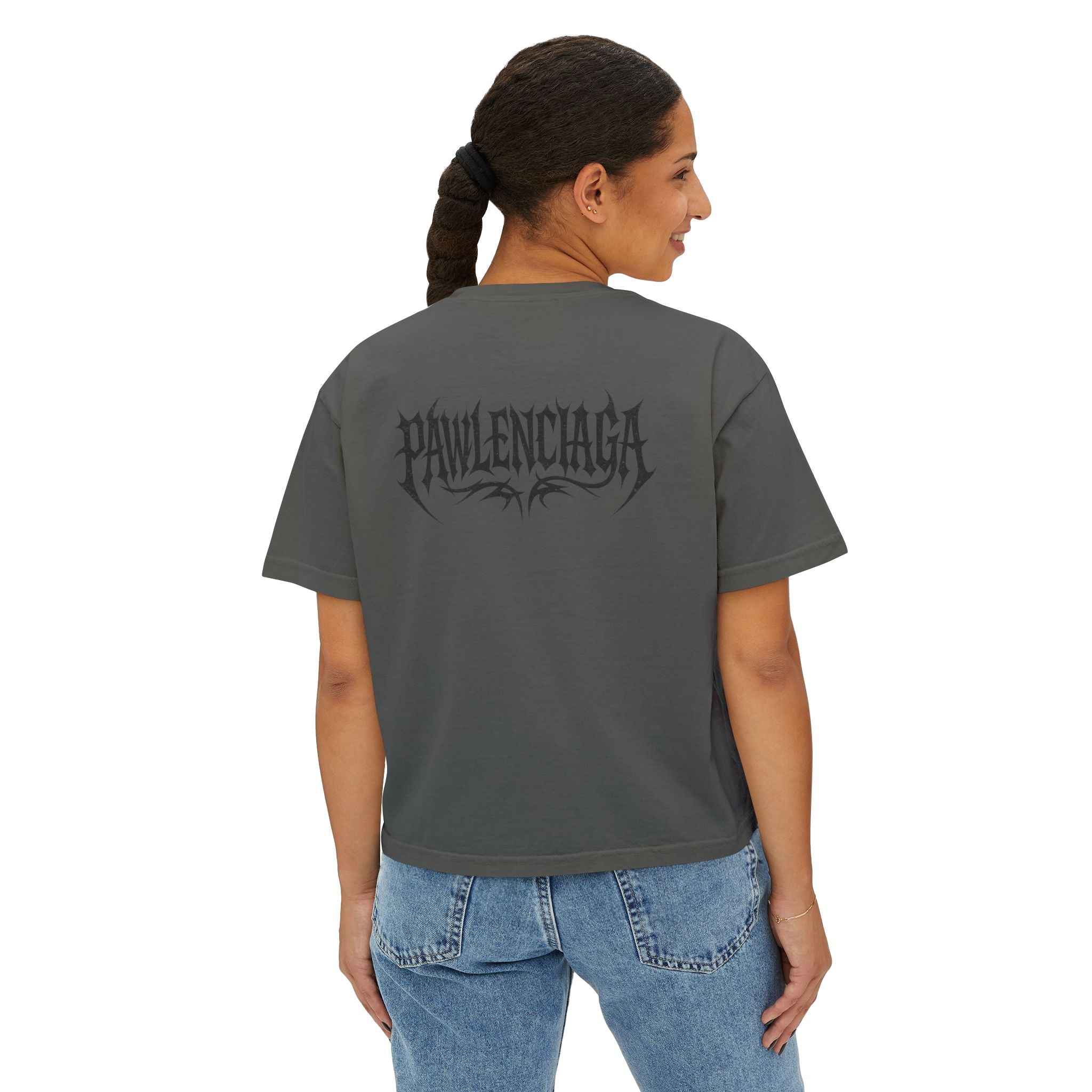 Pawlenciaga womens boxy cat t shirt, pepper gray model back view
