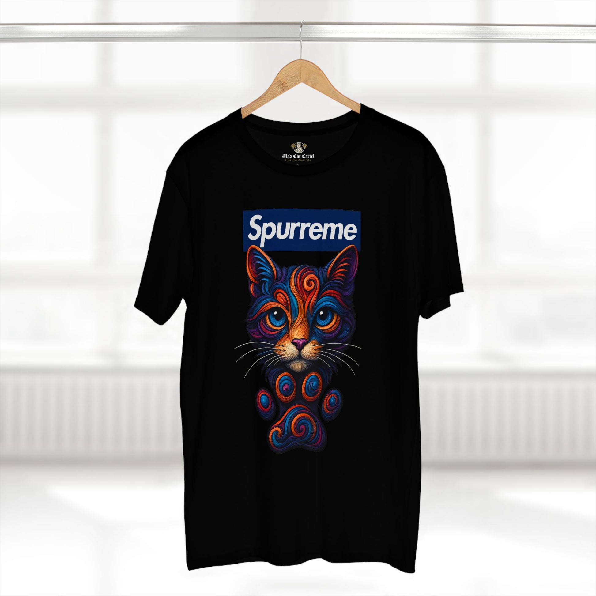 Black Spurreme Cosmic Pawtrait Cat Graphic t shirt on hanger – tee shirts with cats