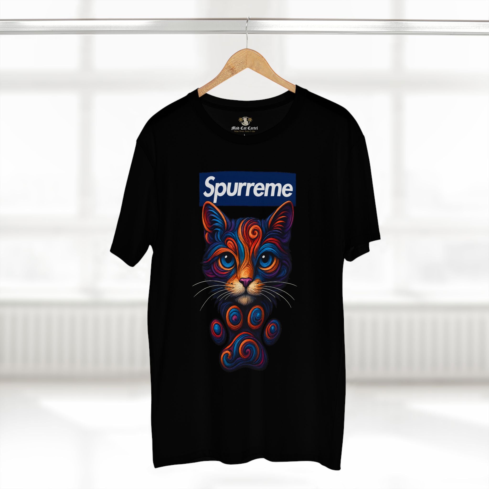 Black Spurreme Cosmic Pawtrait Cat Graphic t shirt on hanger – tee shirts with cats