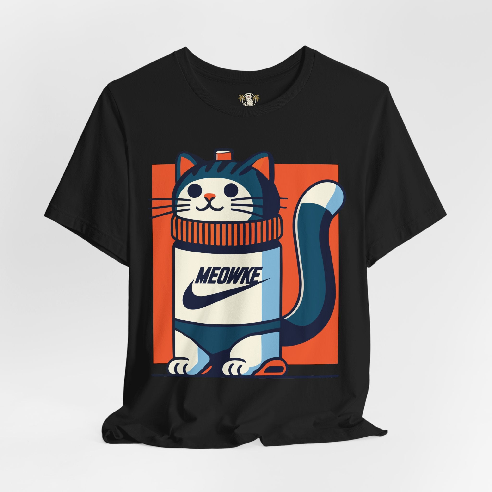 Things to get cat lovers – black unisex tee, front view, Meowke Swoosh bottle cat design