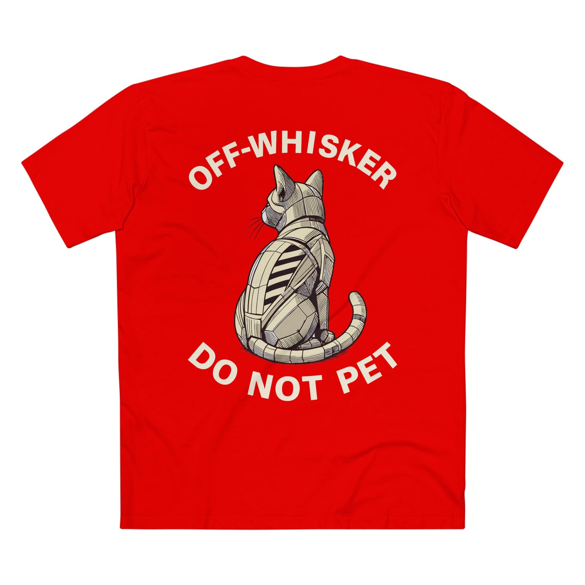 Back view of red Off-Whisker Gen-01 Mech Cat t-shirt – unique gifts for cat lovers