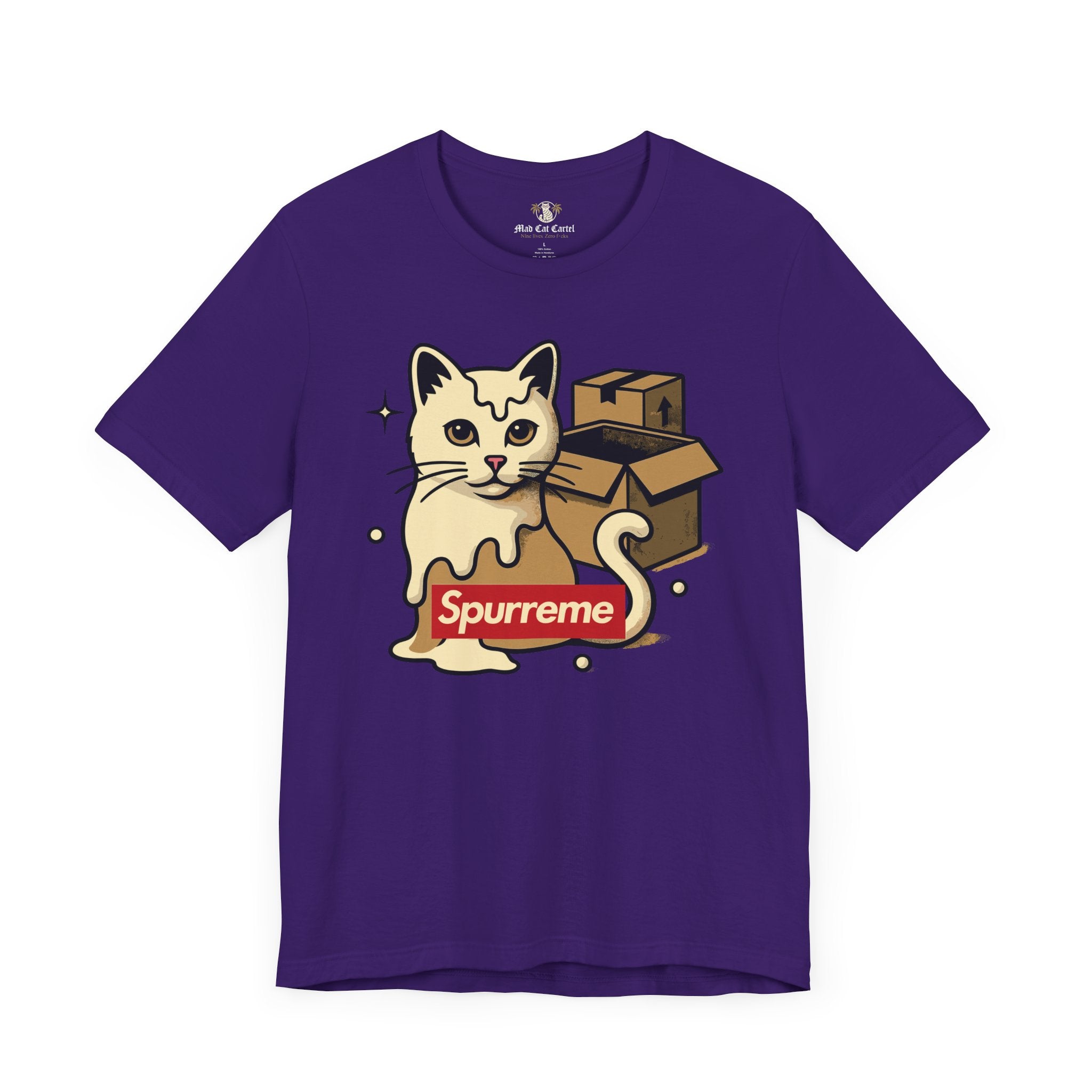 Team purple t shirt front flat view Spurreme Box Addict Cat Graphic tee for cat lovers