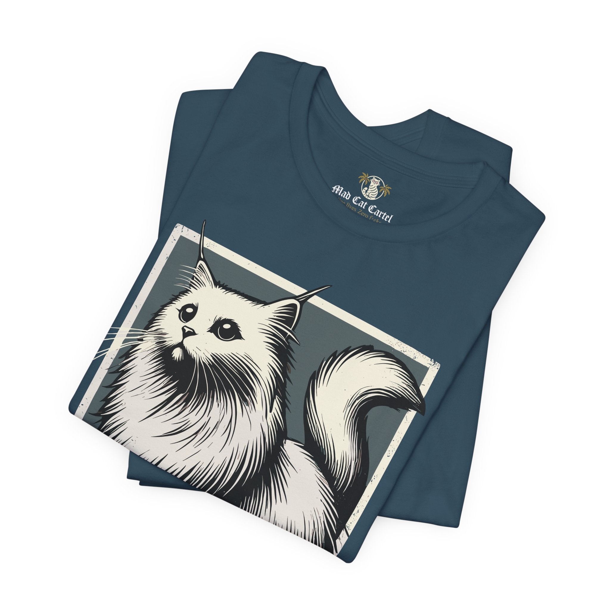 Folded deep teal Purrada Exclusive Milano Cat Graphic T Shirt, cat lover shirt unisex
