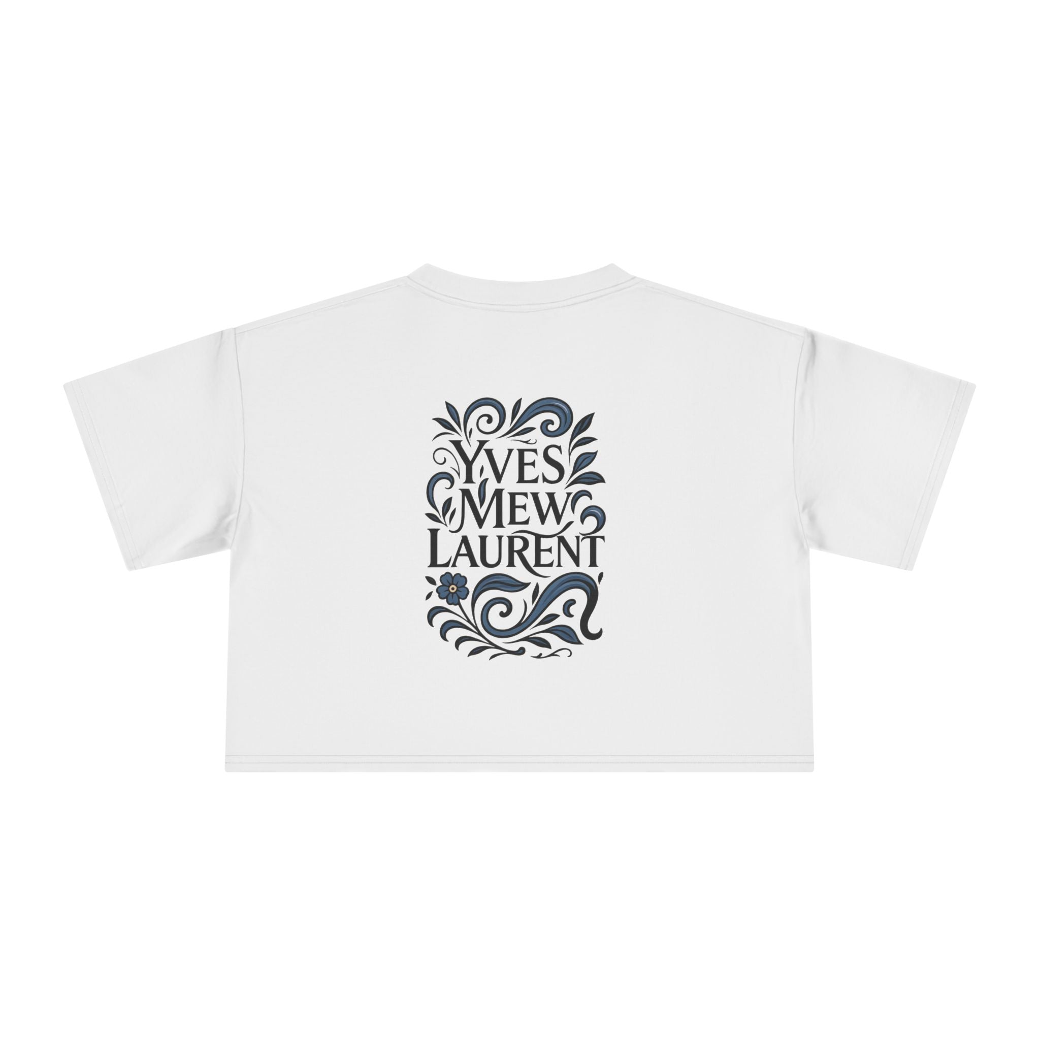 back view, white floral cat crop top, logo print, casual cotton tee for women