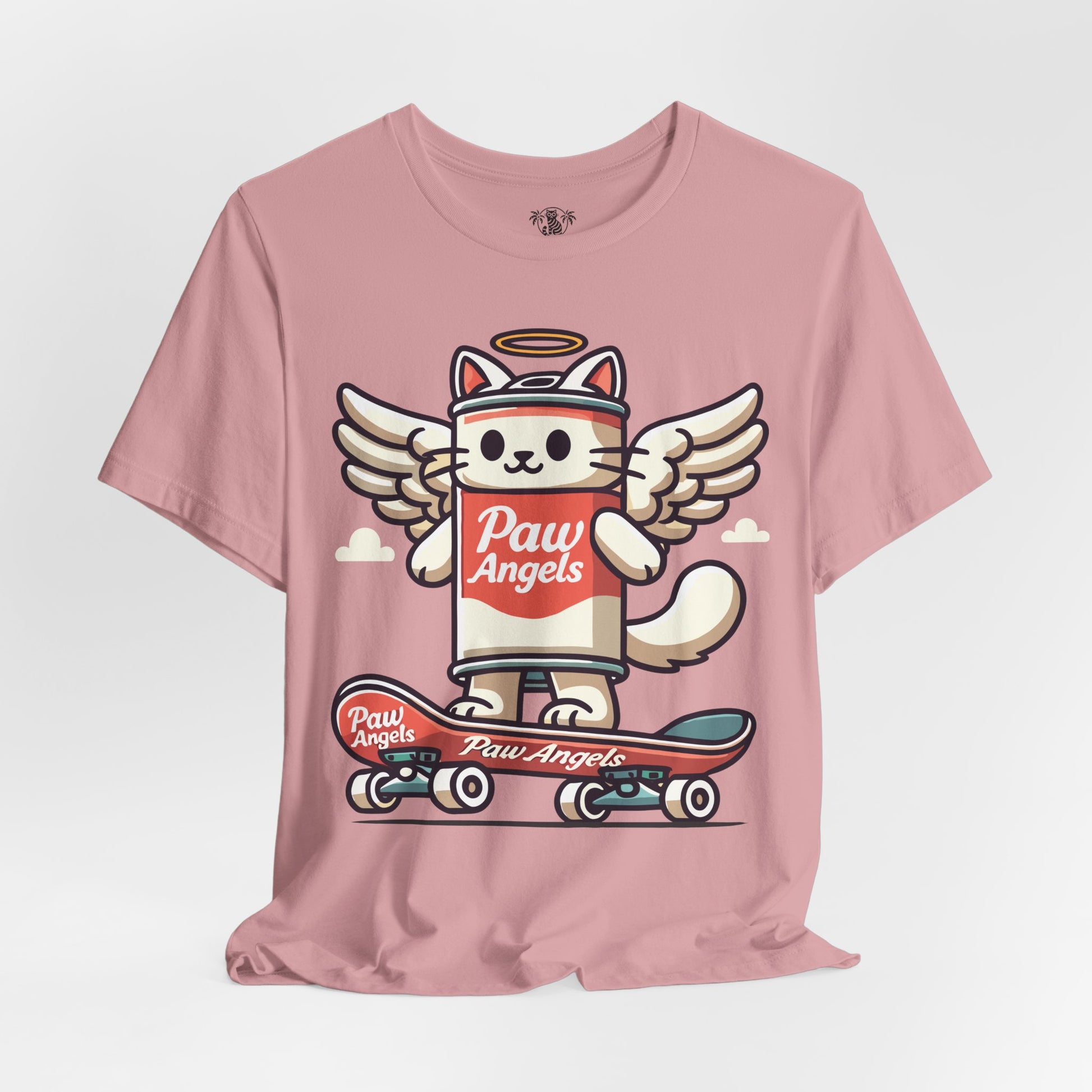 Orchid Paw Angels skate t shirt front view – cool shirts for cat lovers