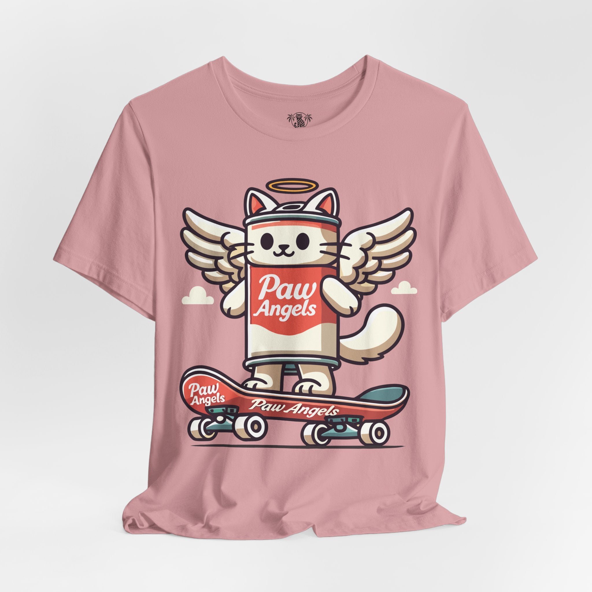 Orchid Paw Angels skate t shirt front view – cool shirts for cat lovers