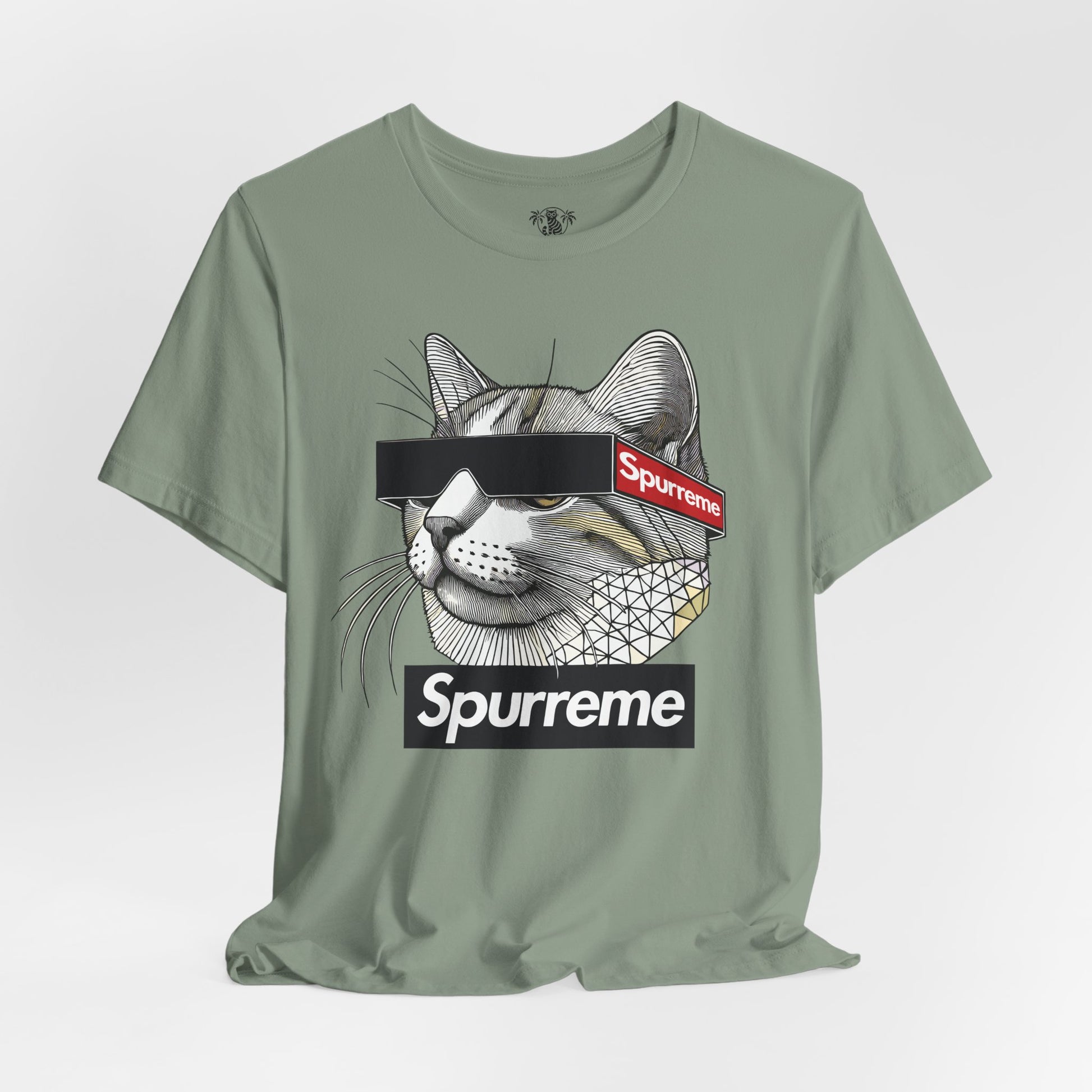 Spurreme Triangular Vision Cat Graphic T Shirt in Sage flat lay front, mens cat shirts