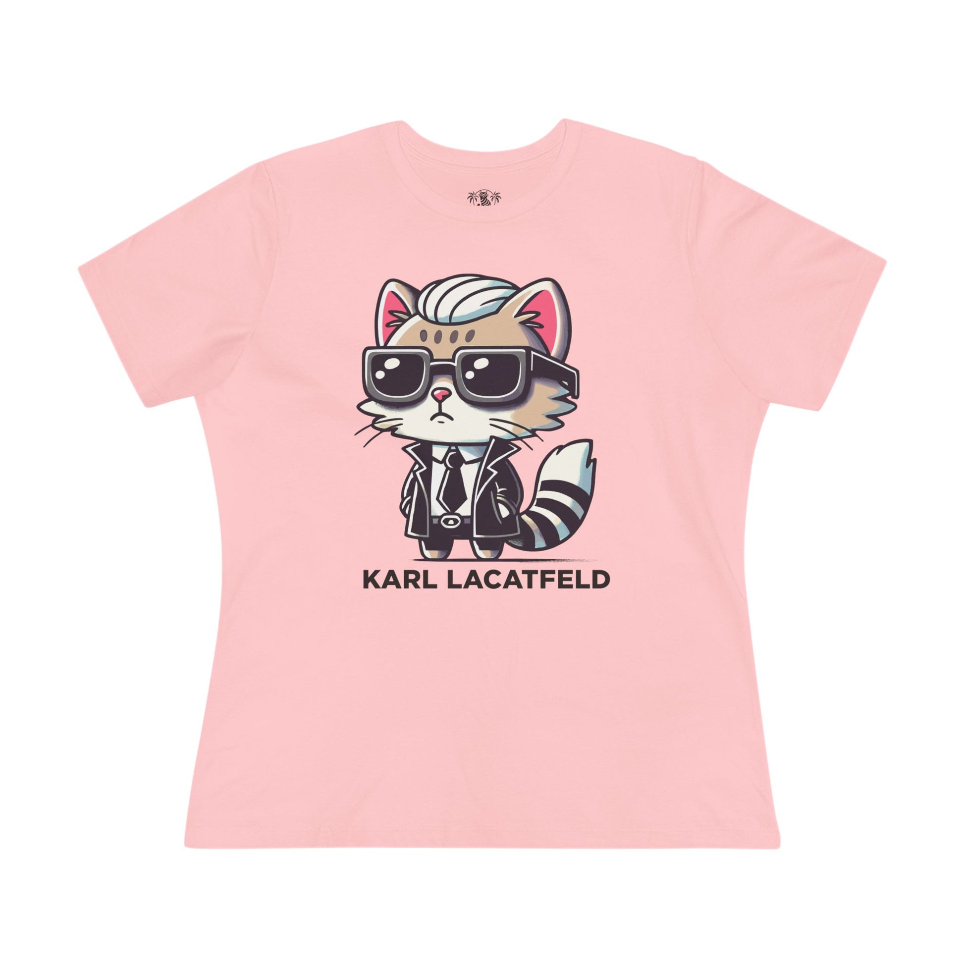 Karl Lacatfeld Iconic Cat Women’s Pink T Shirt flat lay front