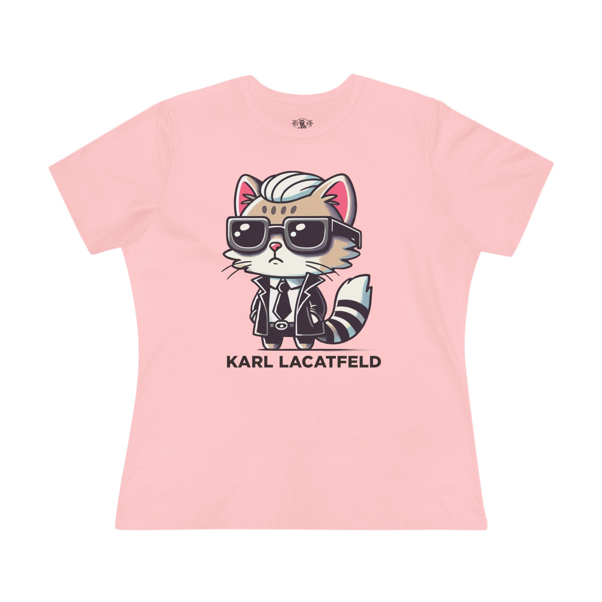 Karl Lacatfeld Iconic Cat Women’s Pink T Shirt flat lay front