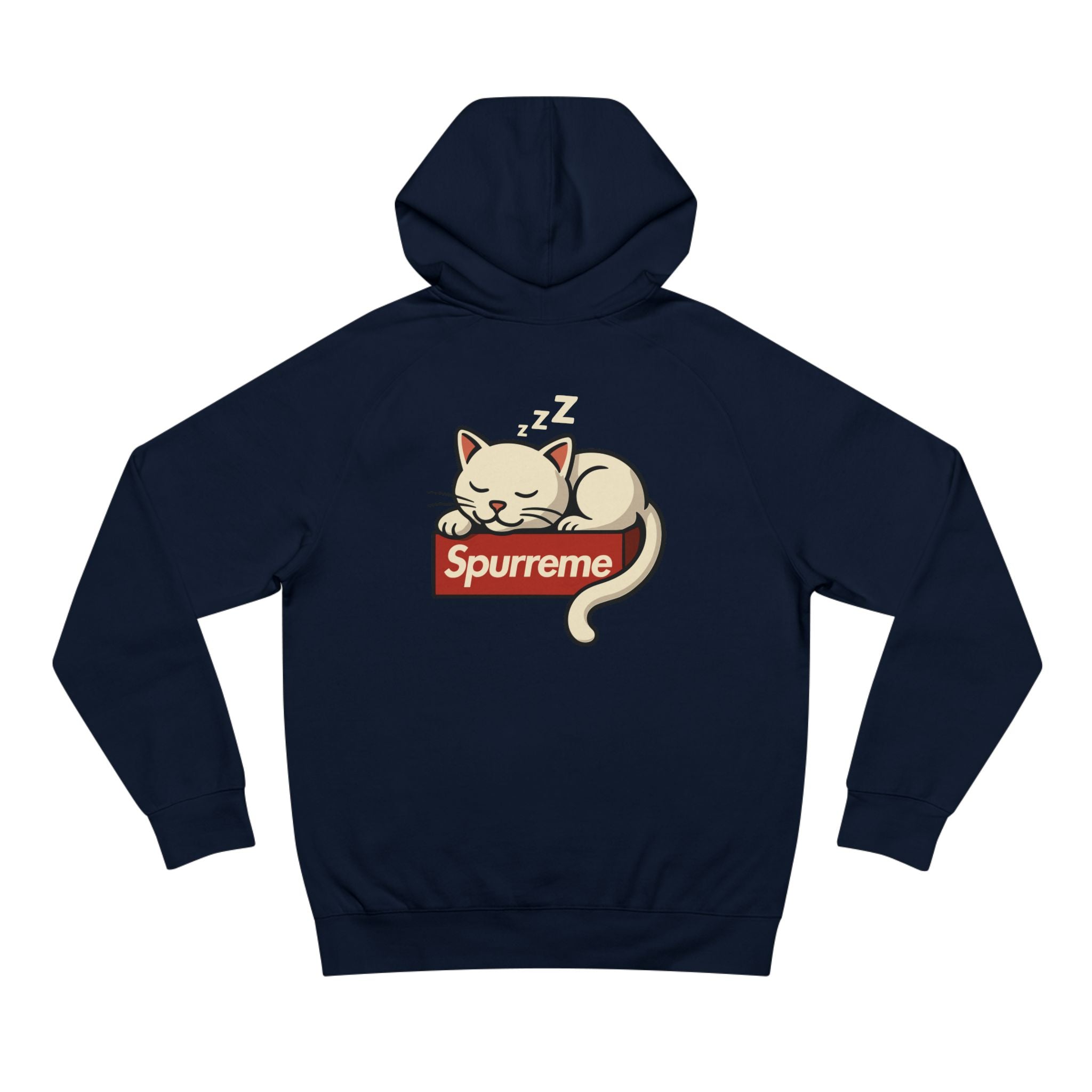 Back view of Navy Blue Spurreme Lucky Cat Box Logo Hoodie trendy cat themed clothes for humans
