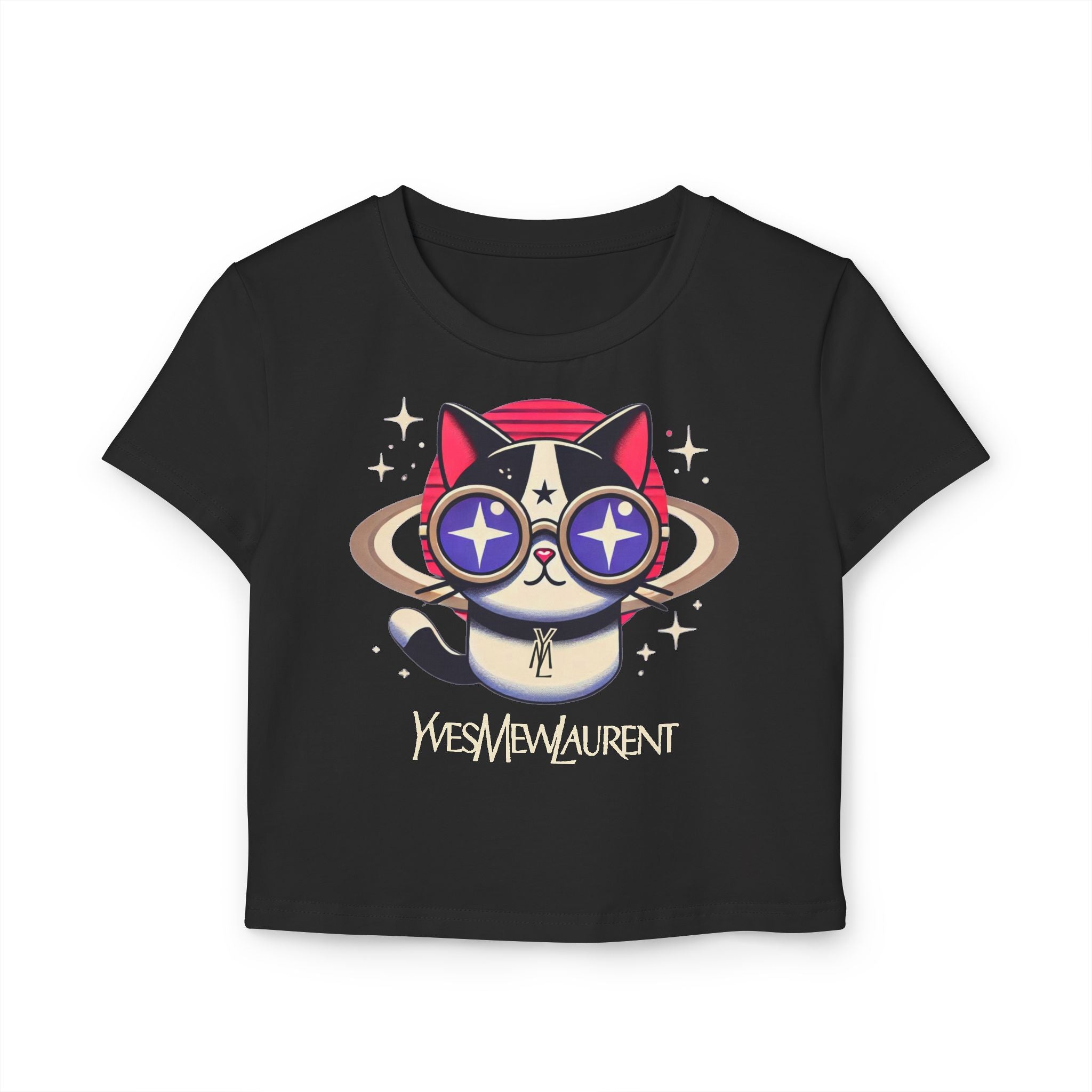 Yves Mew Laurent Space Cat Graphic Women’s Black Baby Tee, space cat shirt with cartoon design