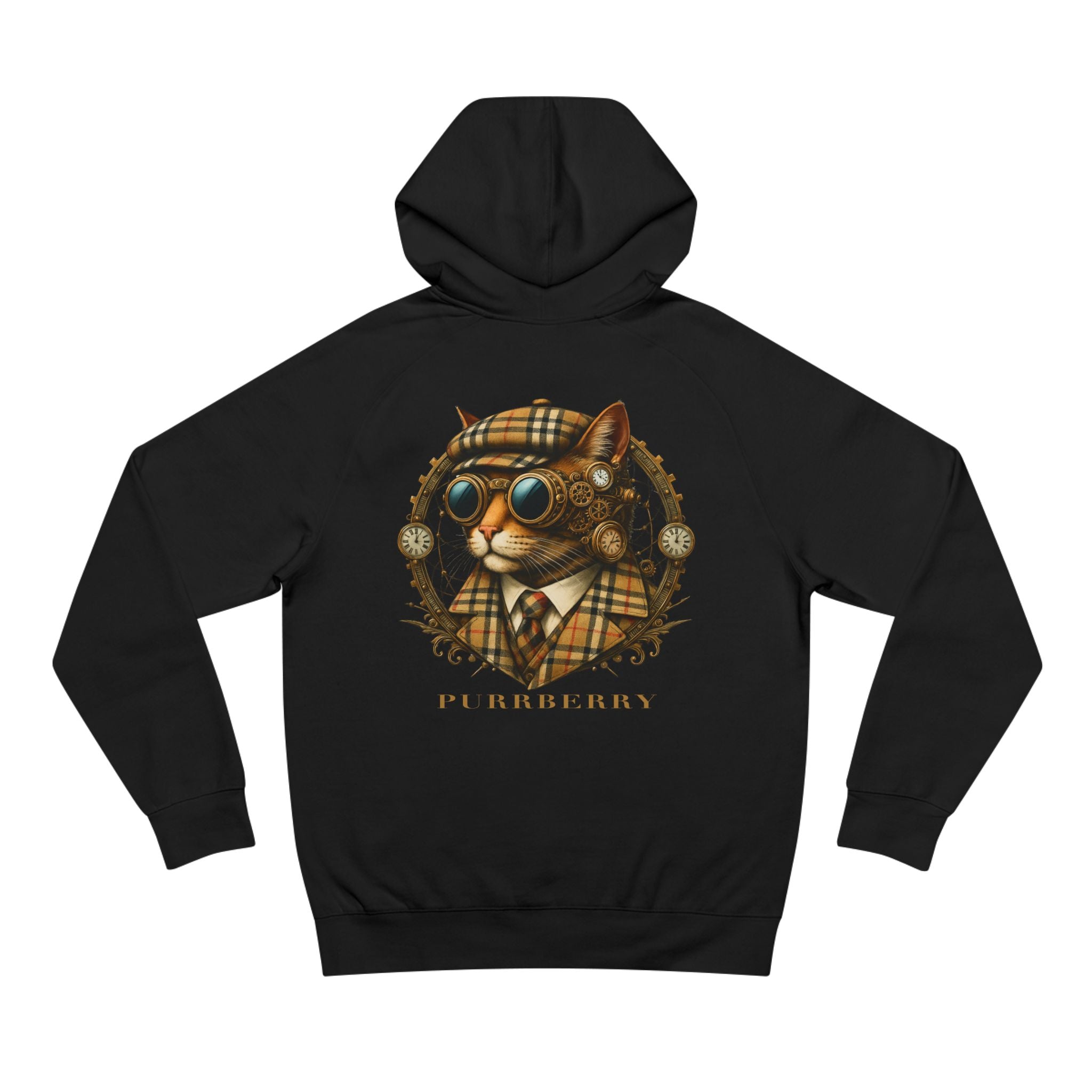 Back view of Purrberry black hoodie with steampunk cat artwork, cat themed clothes