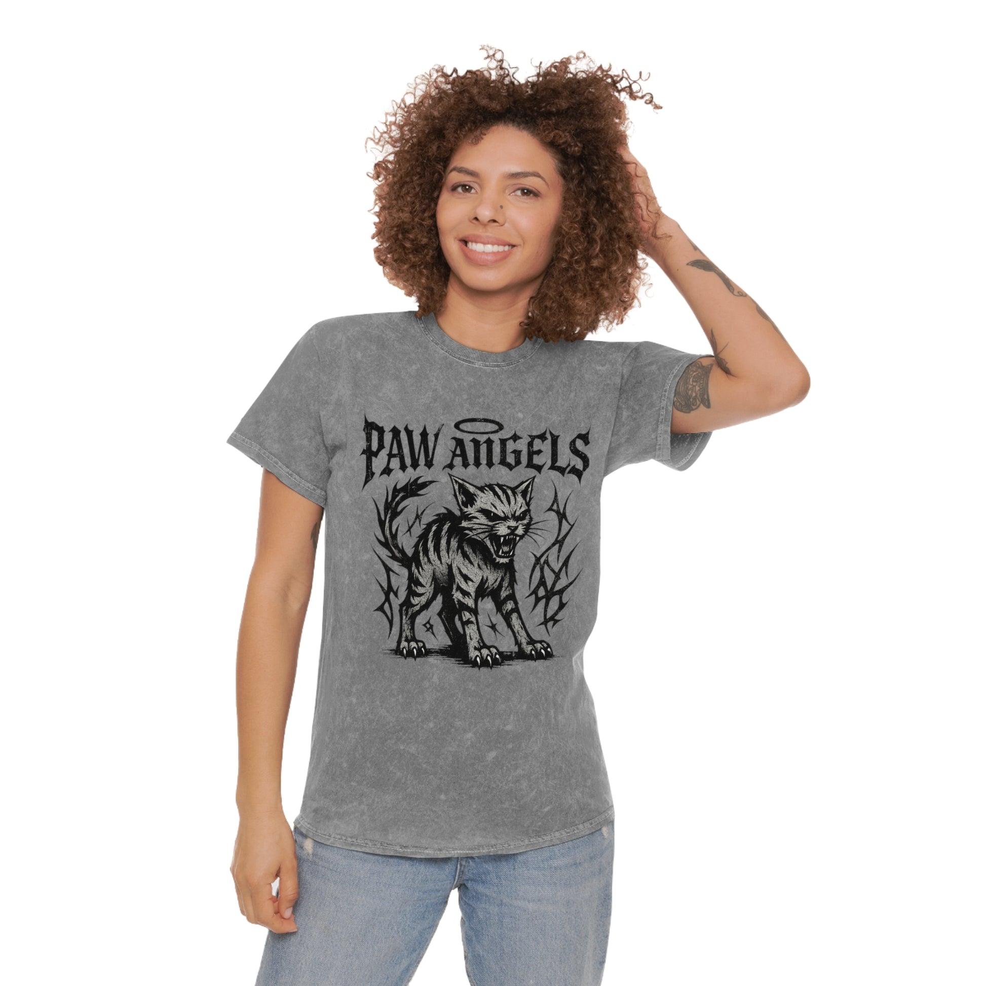 Female model wearing Paw Angels Hellcat mineral gray unisex mineral wash cat t-shirt – cat t shirt mens