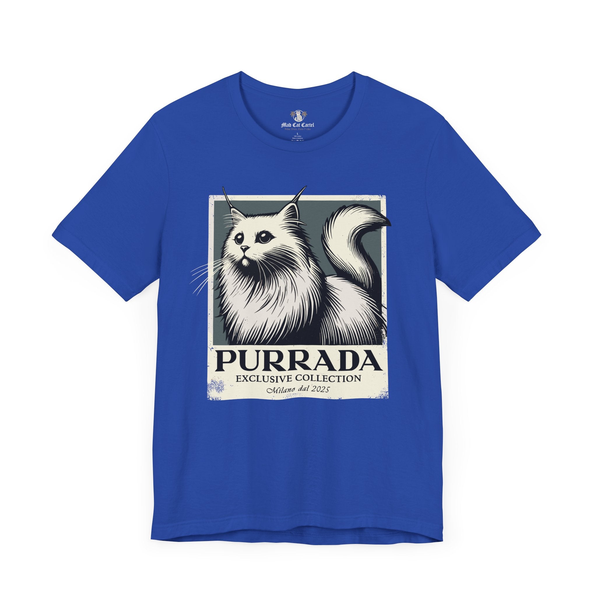 True royal blue Purrada Exclusive Milano Cat Graphic T Shirt, shirts with cats on them