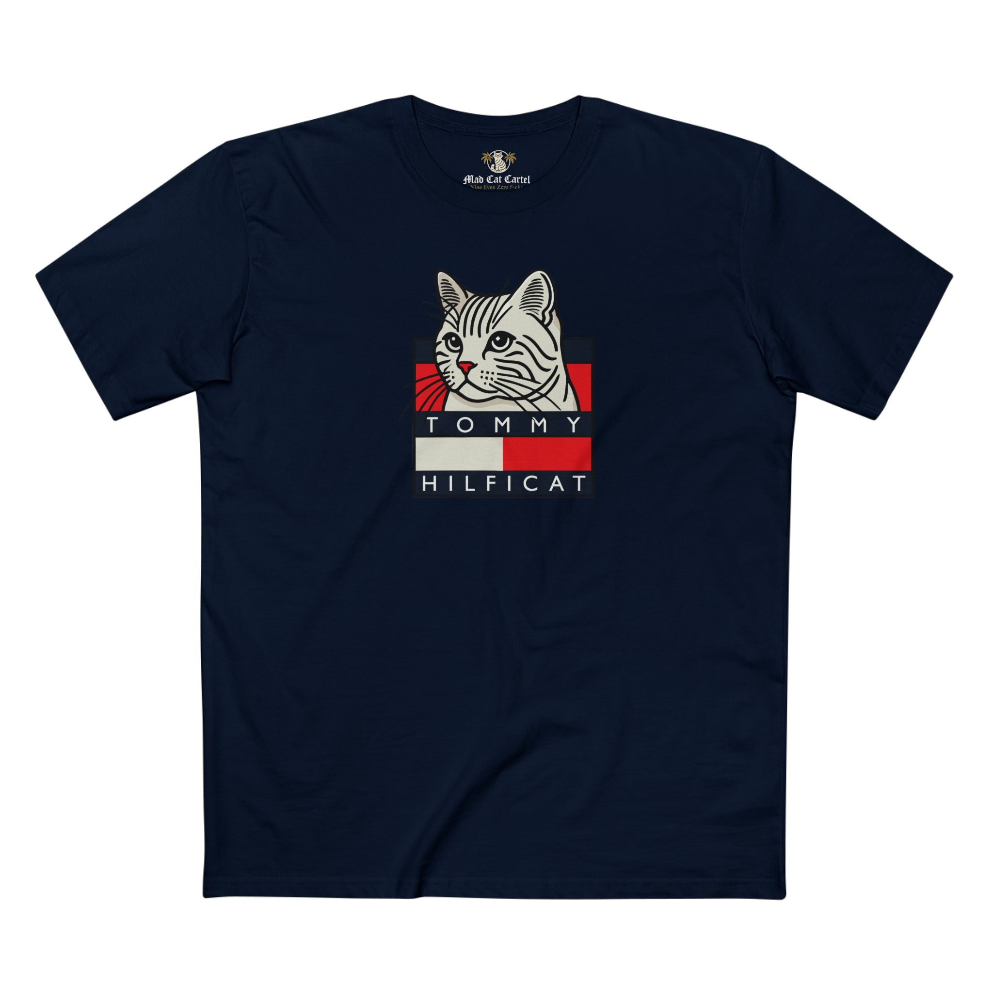 Tommy Hilficat Box Logo Cat Identity T Shirt in Navy Blue, cat themed clothing