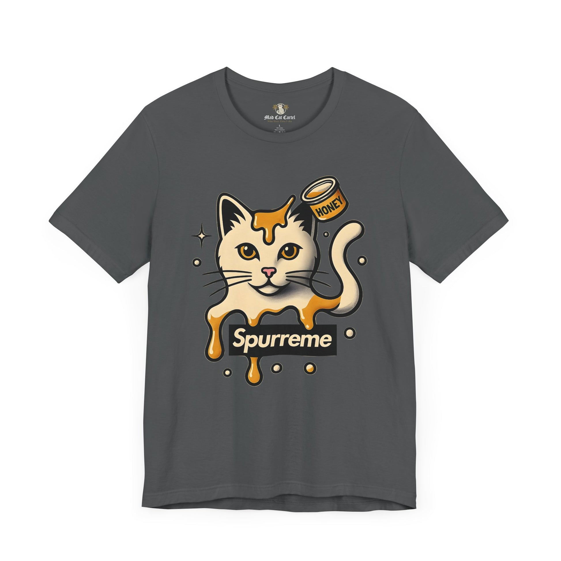 Asphalt Spurreme Drip Drop Honey Meowgnum Cat Graphic T-Shirt front view – mens cat shirt