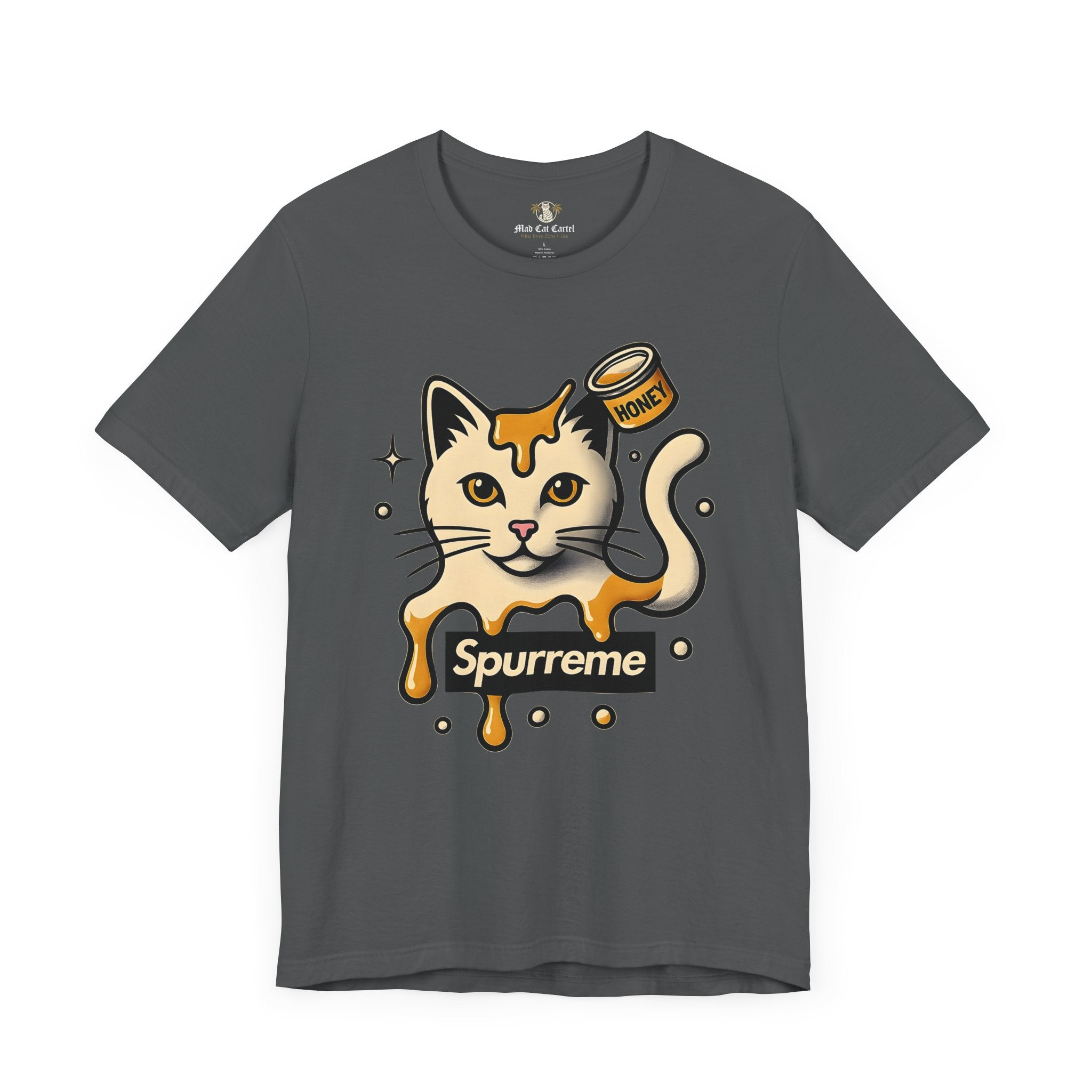 Asphalt Spurreme Drip Drop Honey Meowgnum Cat Graphic T-Shirt front view – mens cat shirt