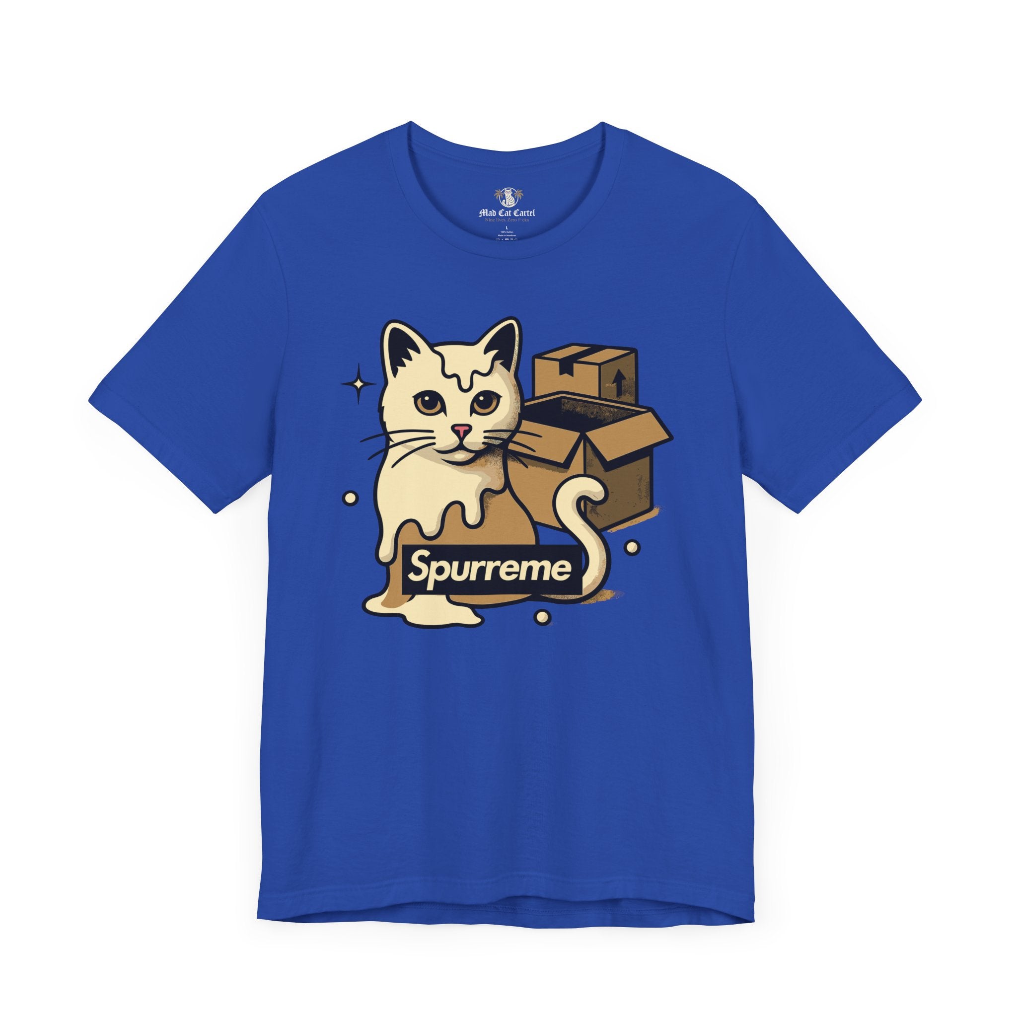 True royal blue t shirt for cat lovers front view Spurreme Box Addict Cat Graphic