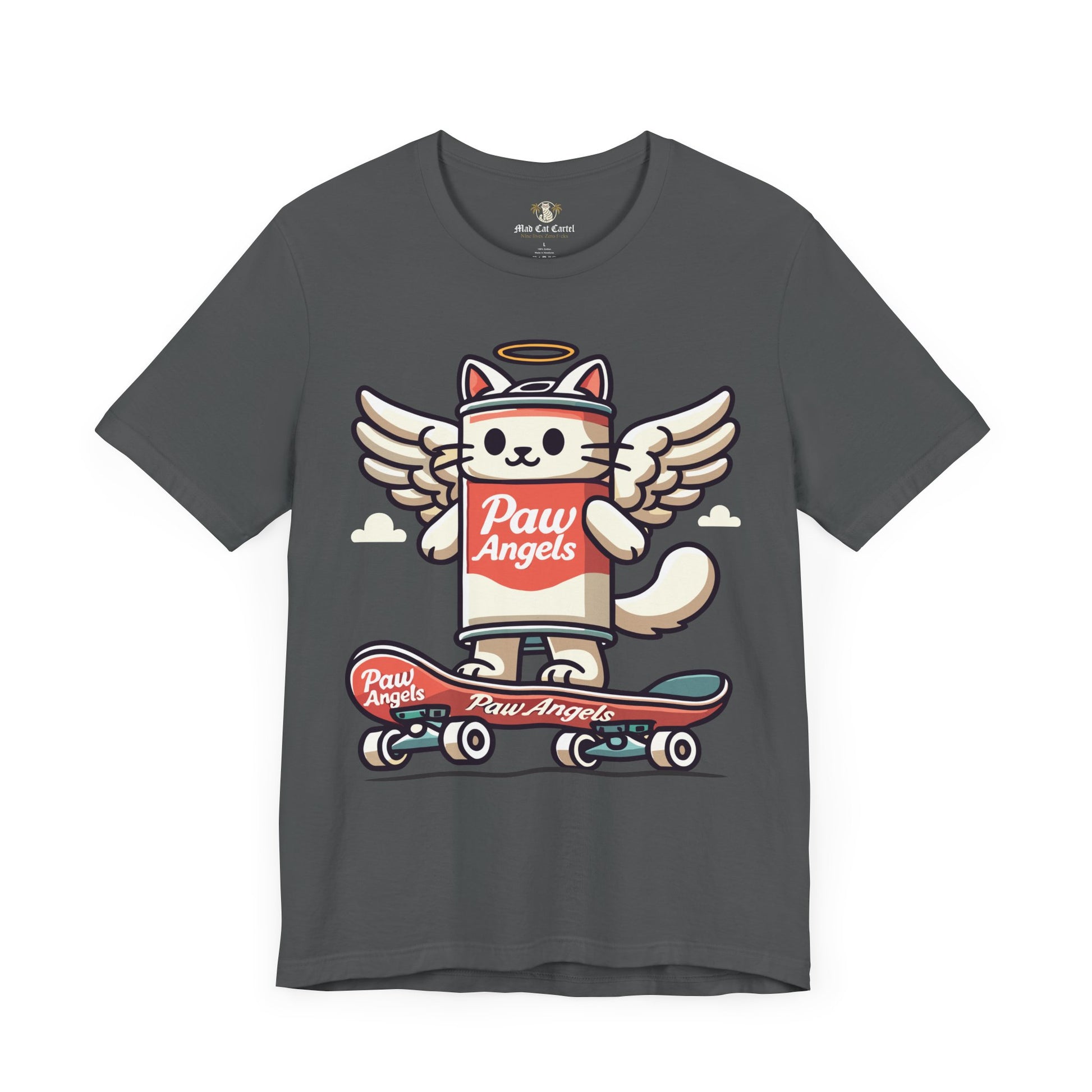 Paw Angels Spray Cat Skate graphic t shirt in Asphalt – cool cat shirts, cat lover shirts