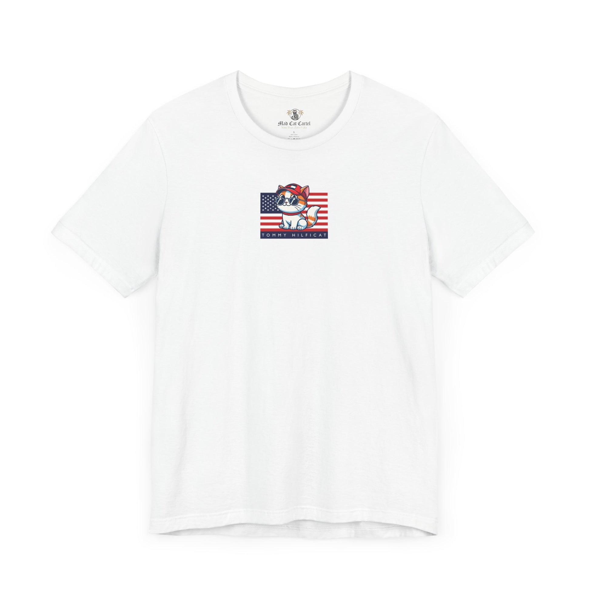 front view White Tommy Hilficat Cat Graphic T Shirt, cat graphic tee