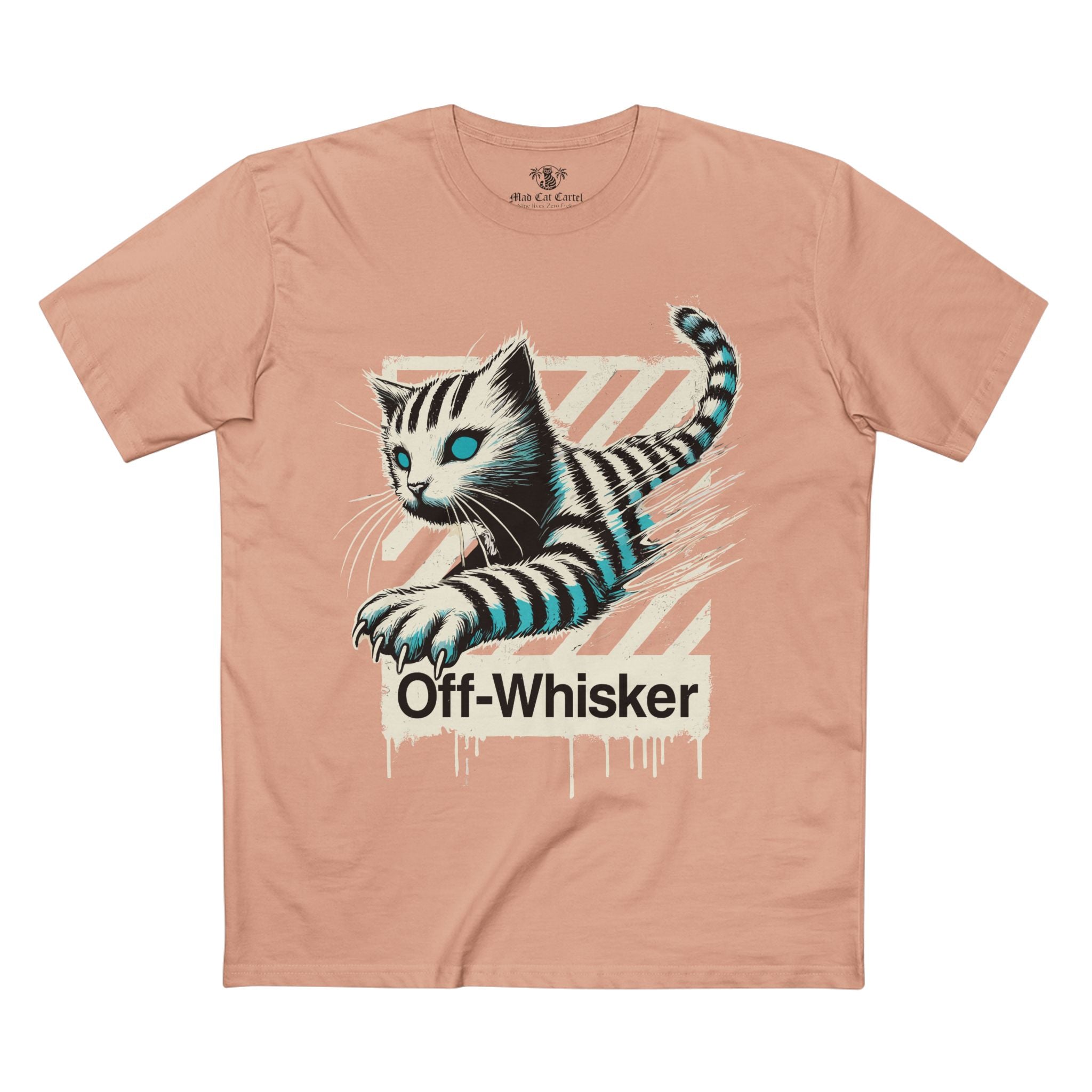 Pale pink cat t-shirt – Off-Whisker Phantom Pounce graphic tee for women and men