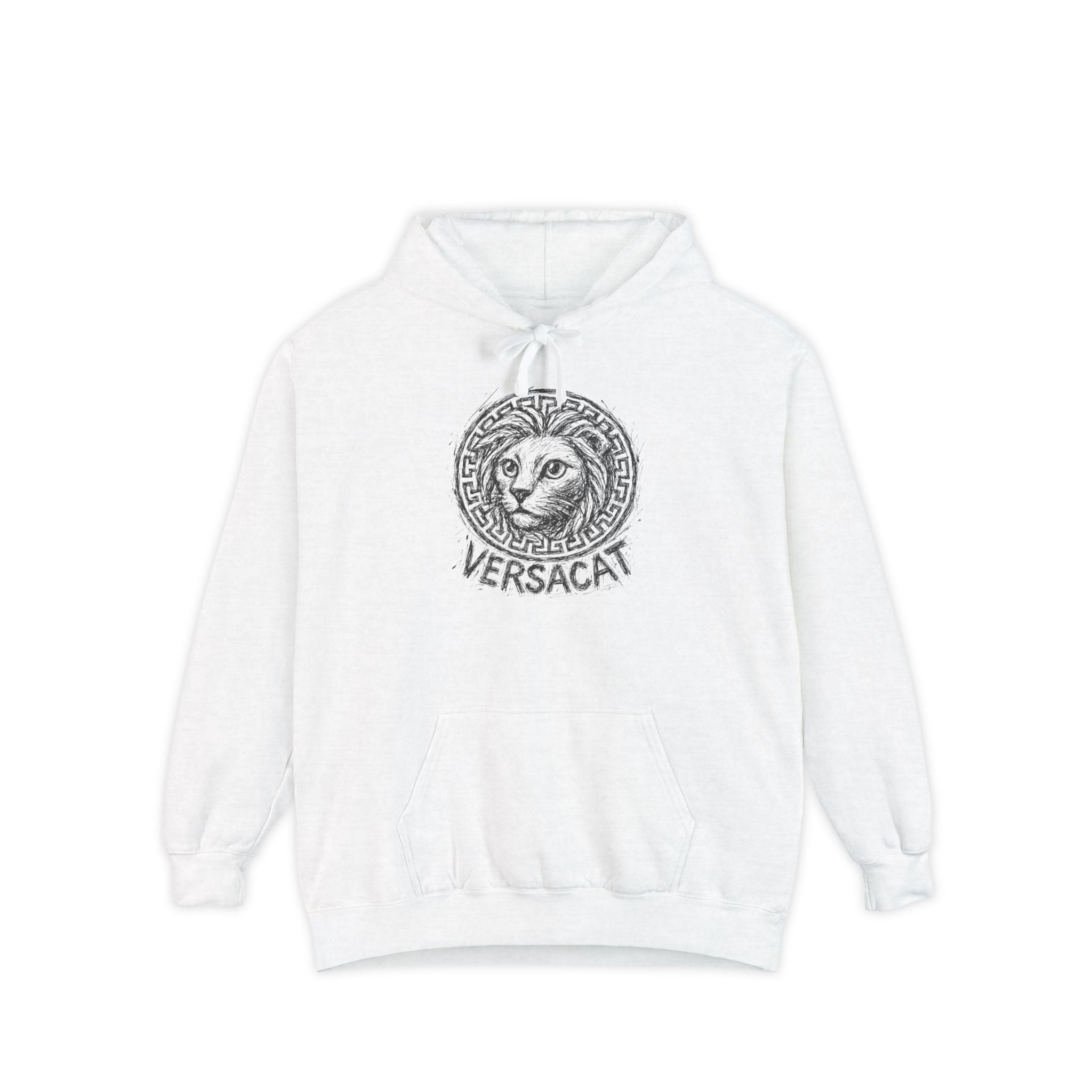 Versacat Sketch Logo Cat Graphic Hoodie in White color elegant designer parody cat hoodie