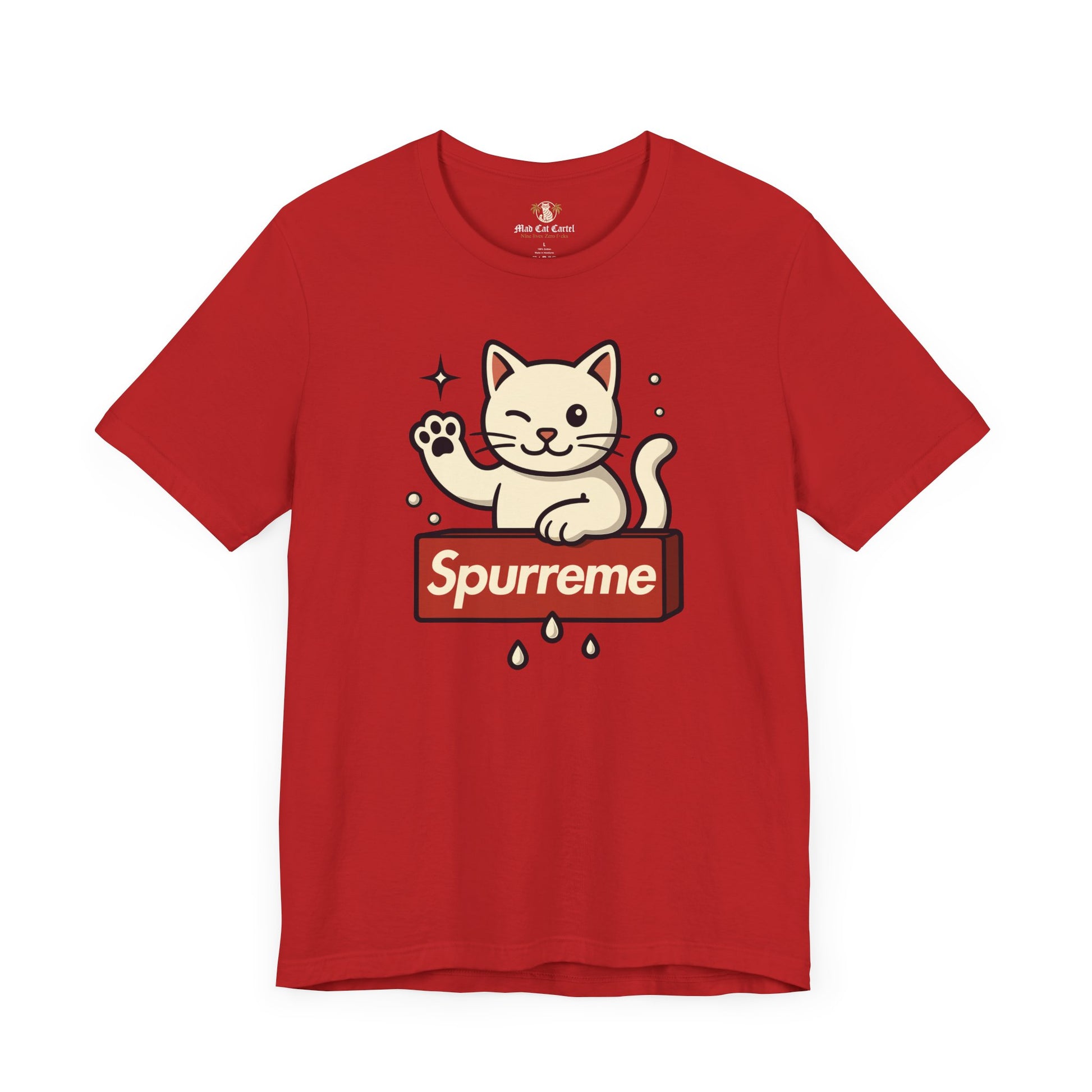 Red t shirt flat lay Spurreme Lucky Cat Box Logo Graphic cat lover t shirt