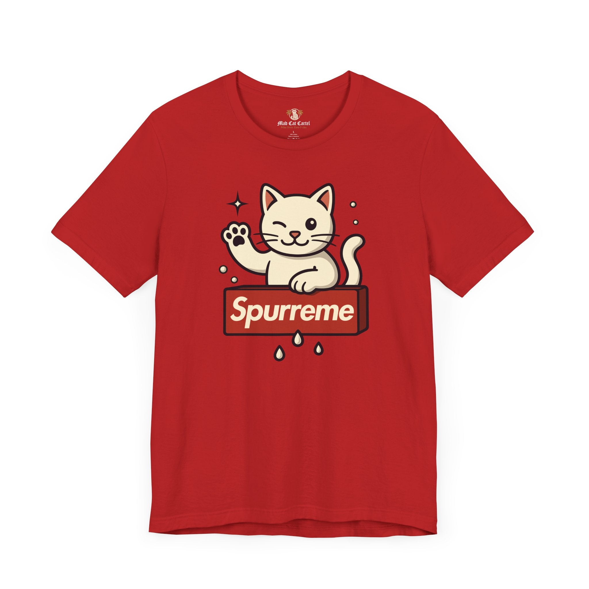 Red t shirt flat lay Spurreme Lucky Cat Box Logo Graphic cat lover t shirt