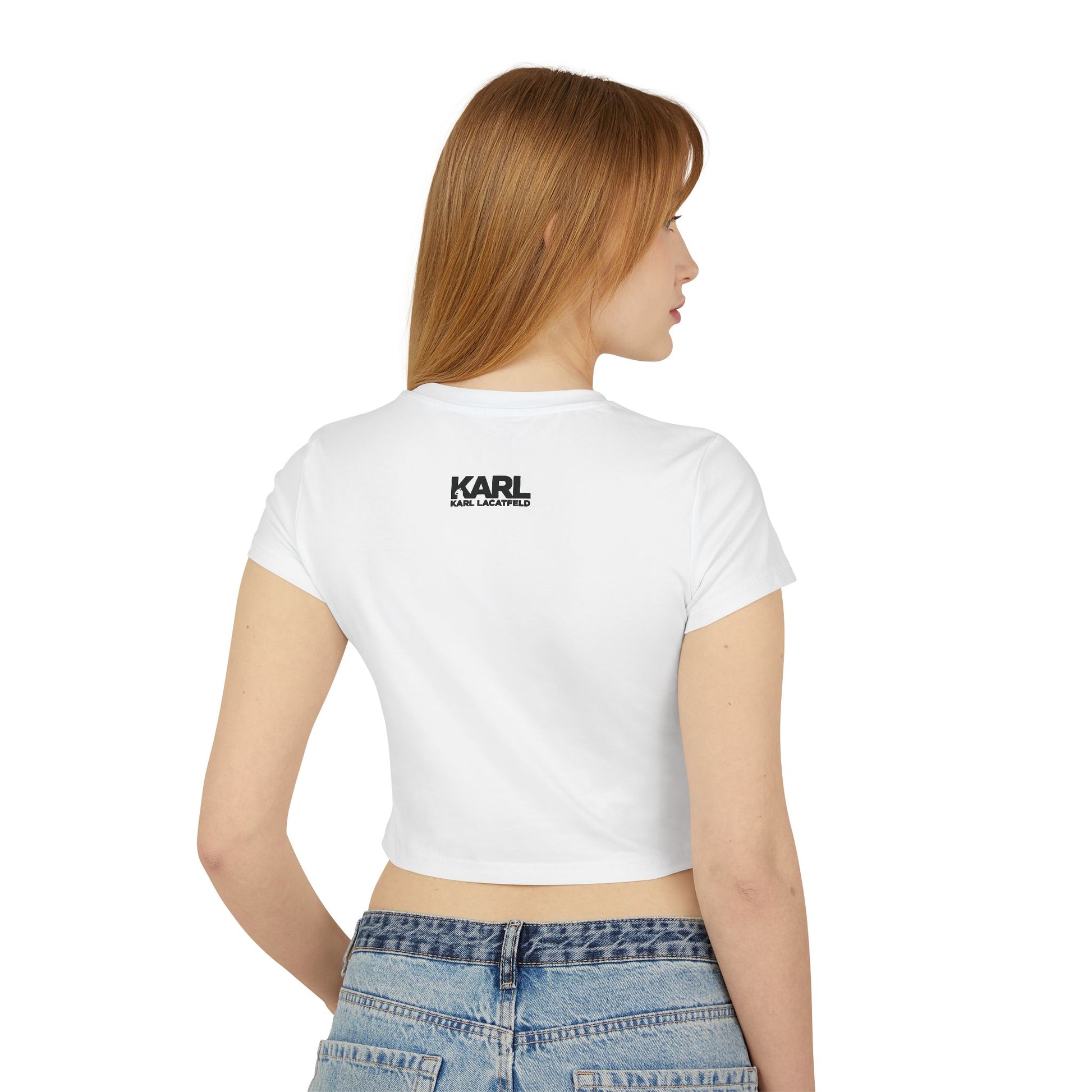 Model back view white baby tee Karl Lacatfeld Executive Meow Icon print
