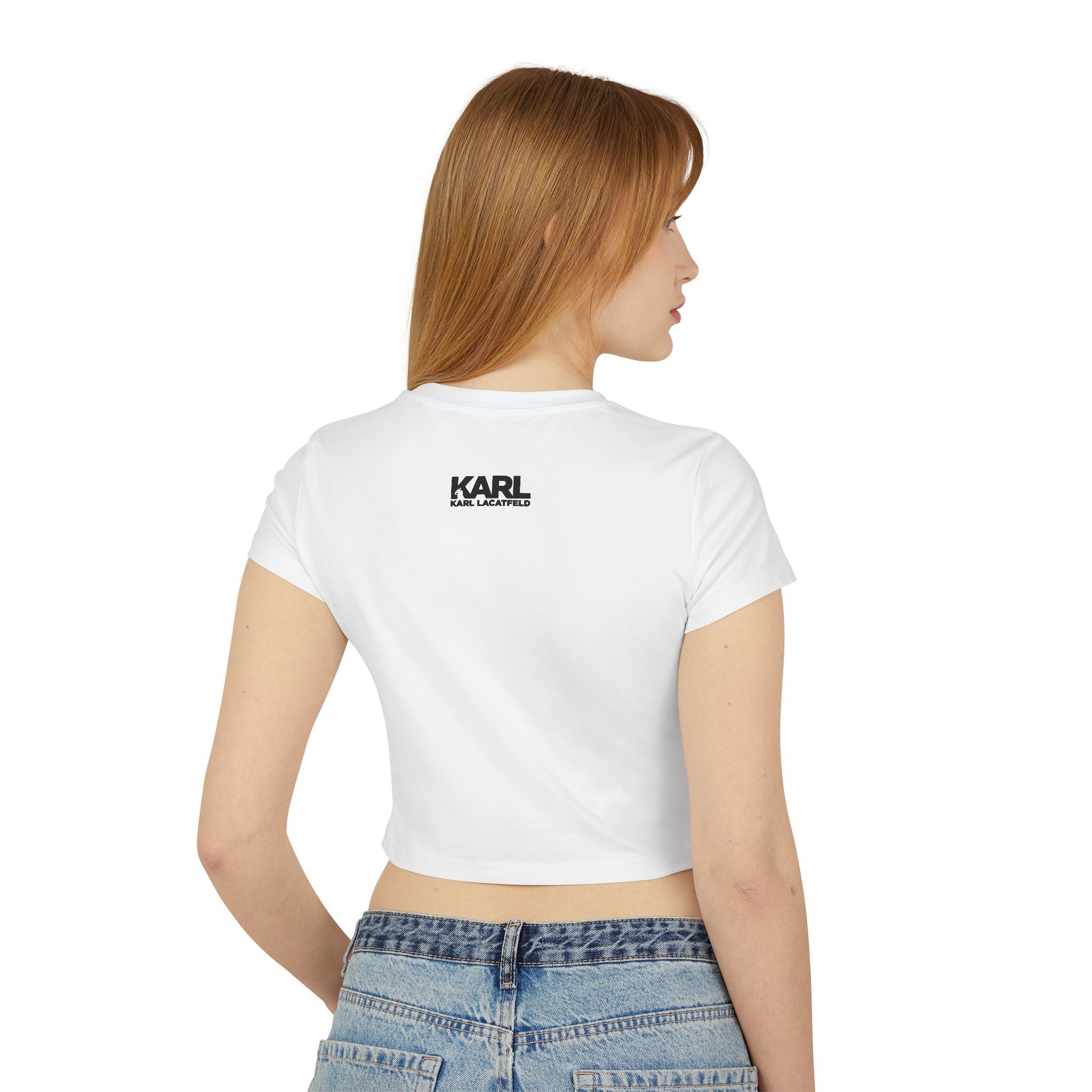 Model back view white baby tee Karl Lacatfeld Executive Meow Icon print