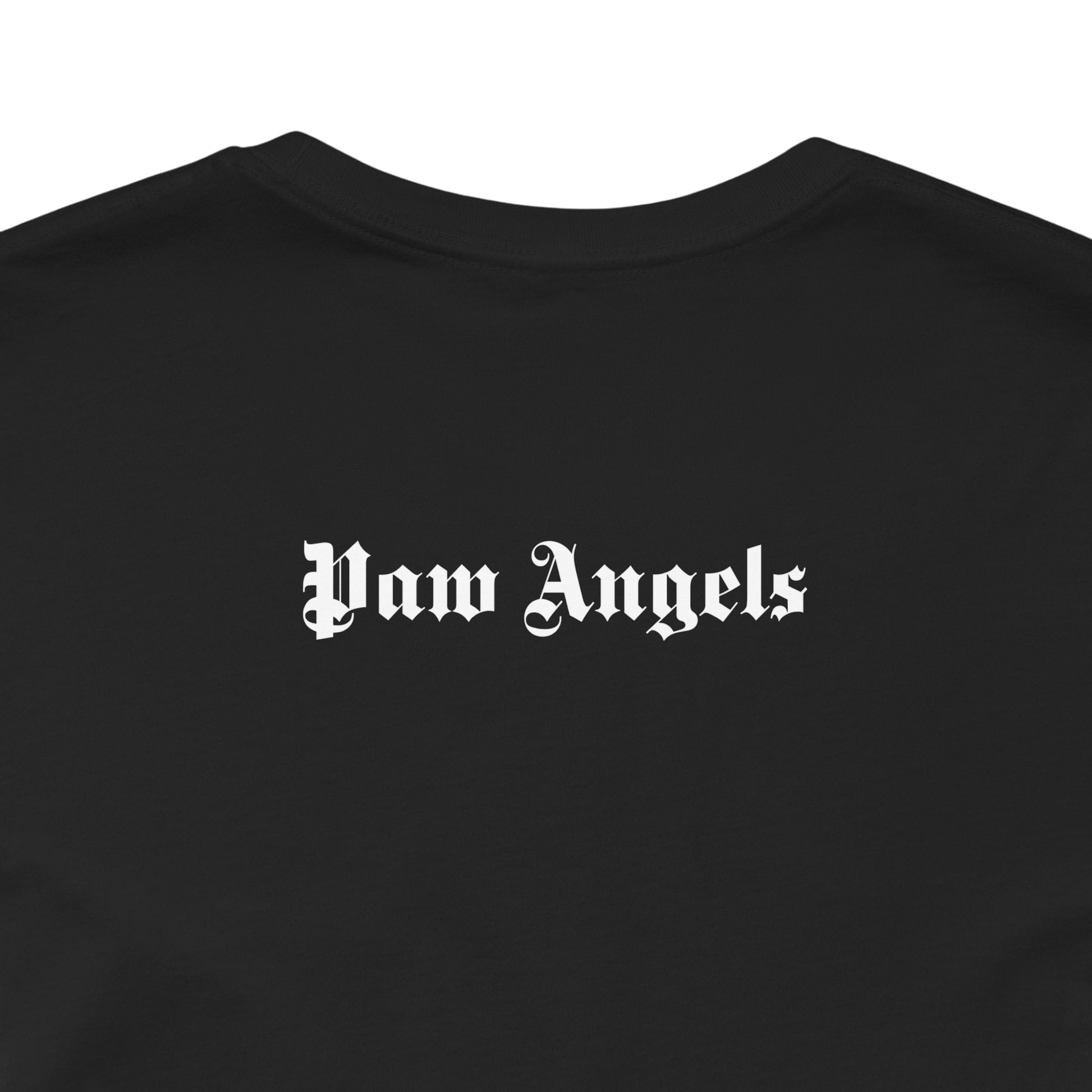Black t shirt with “Paw Angels” back print – men’s cat shirt