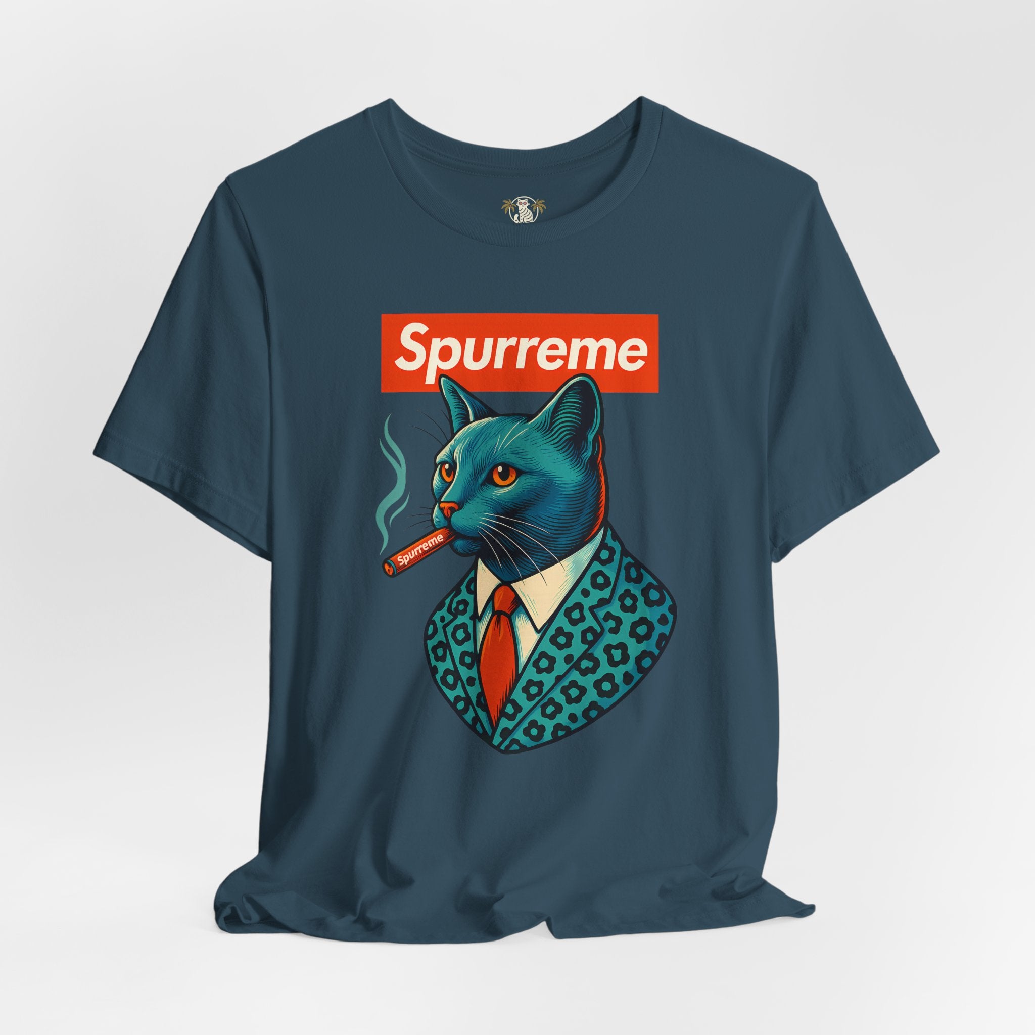 Deep Teal Spurreme Ambassador Cat Graphic t shirt front view – cat print tee shirts