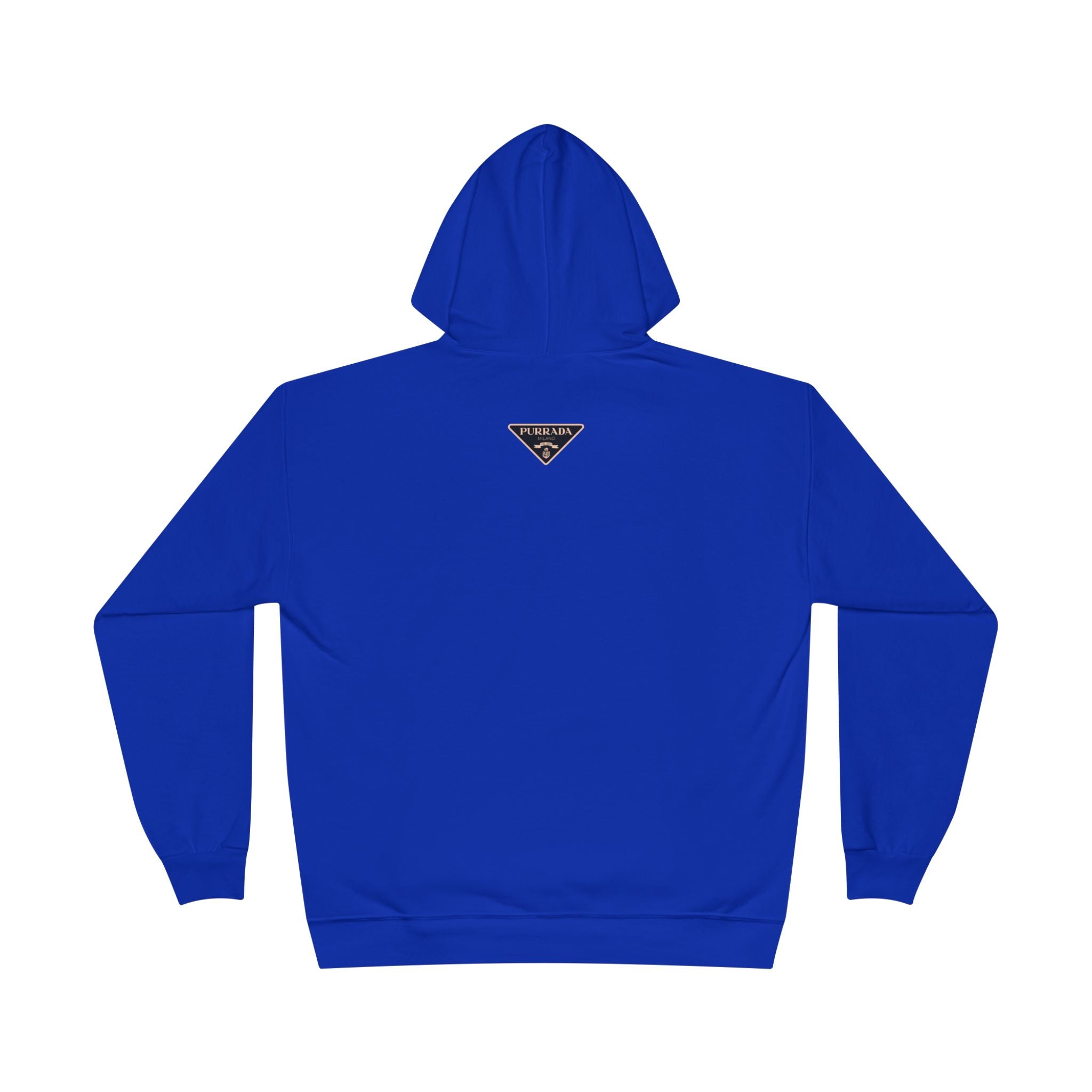 Back view of Purrada Blue Hoodie with logo, hoodie for cat lovers