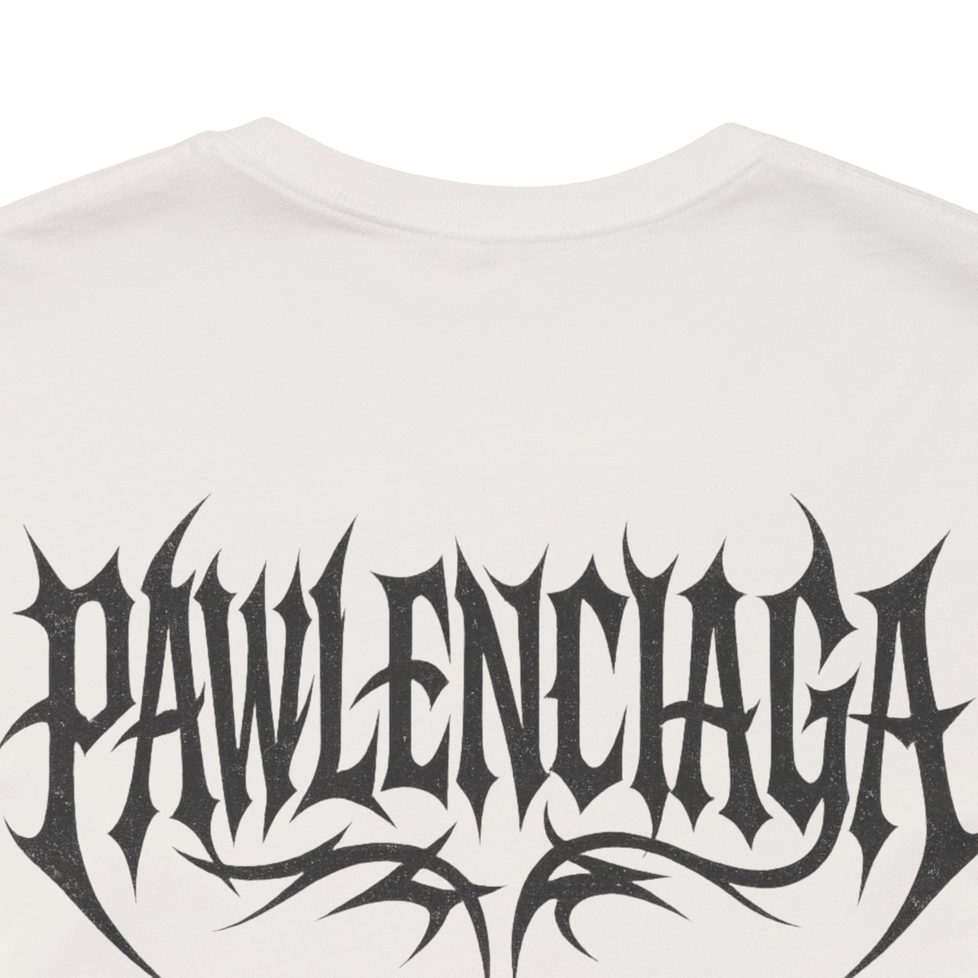 Pawlenciaga Apocalypse Cat Graphic T Shirt in Vintage White, close up of back logo, cat themed shirts, cool mens t shirts, shirts for cat lovers