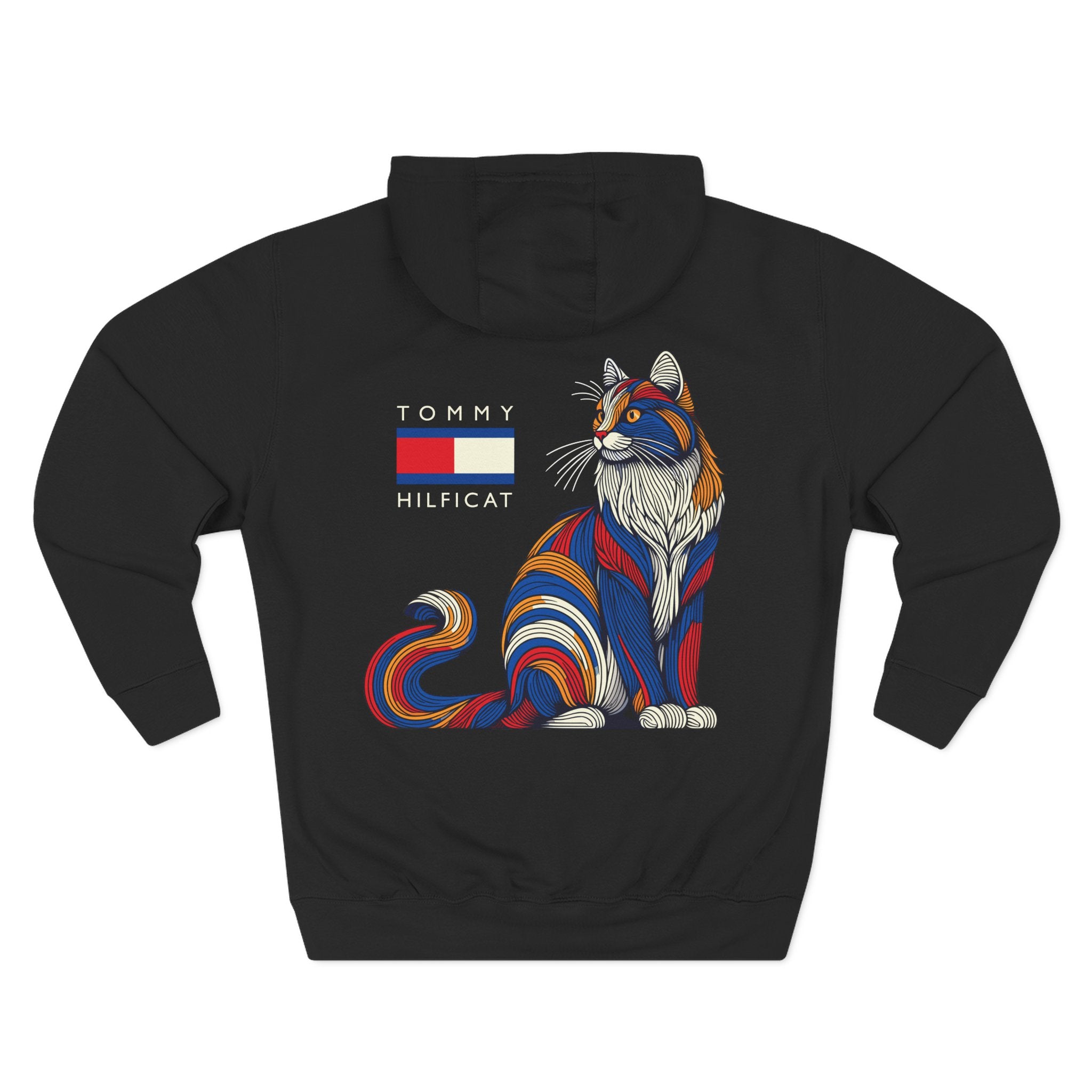 Back view of Tommy Hilficat Logo Colorwave Cat Graphic Hoodie showing colorful cat illustration perfect gift for cat lovers
