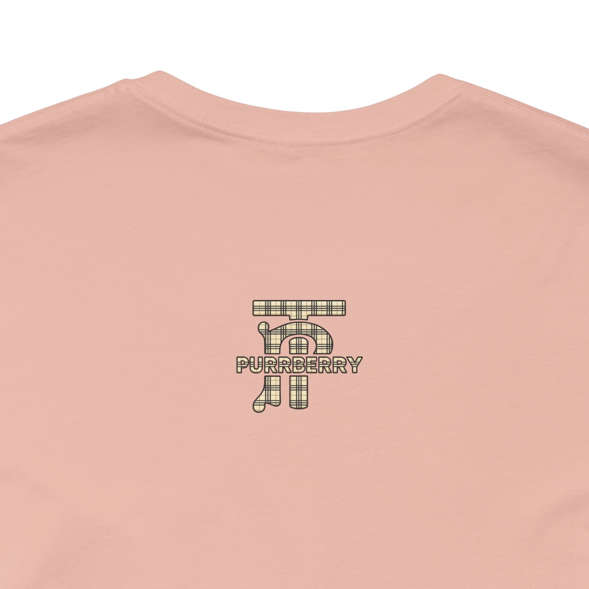 back logo close up purrberry london mini crest cat graphic t shirt peach cat themed apparel