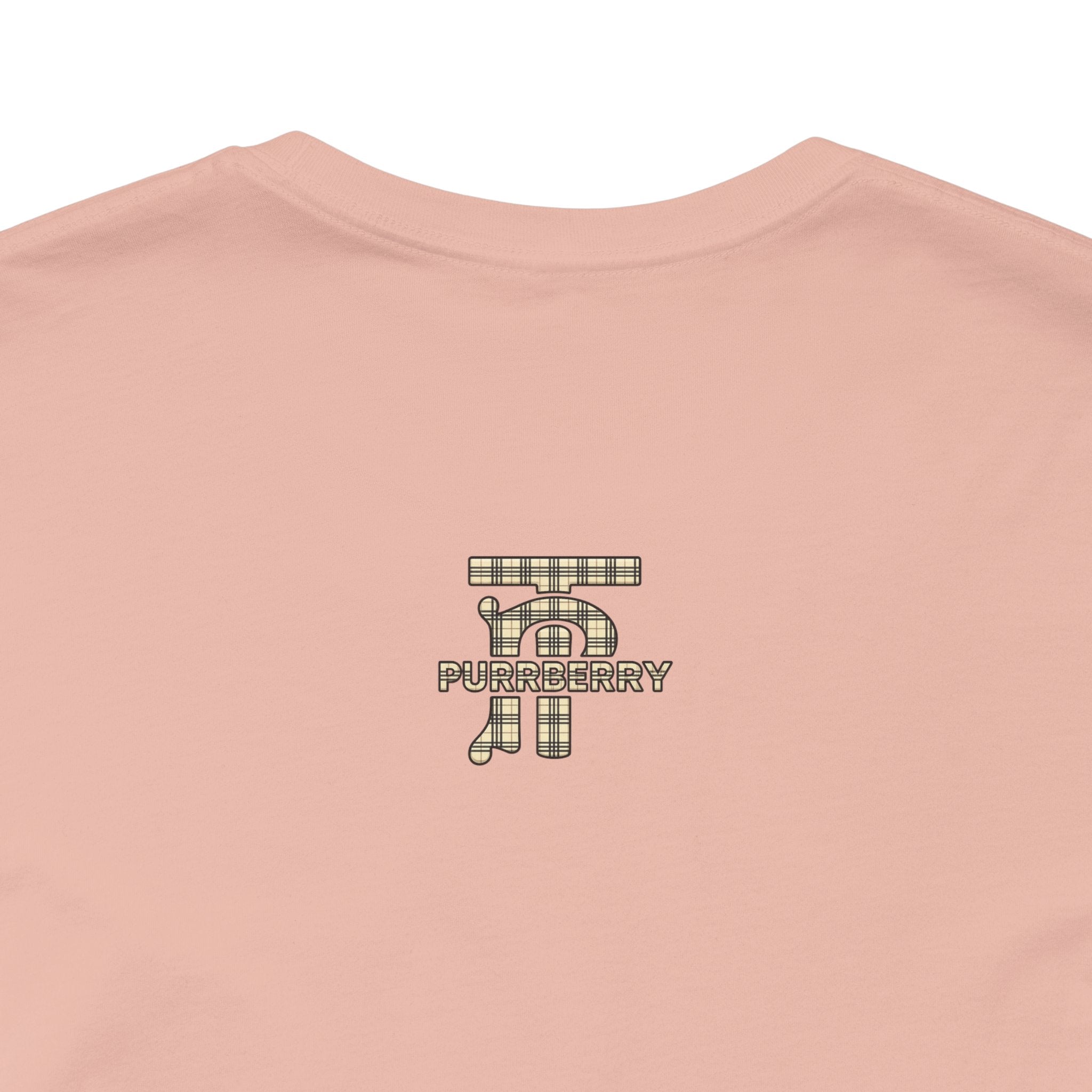back logo close up purrberry london mini crest cat graphic t shirt peach cat themed apparel