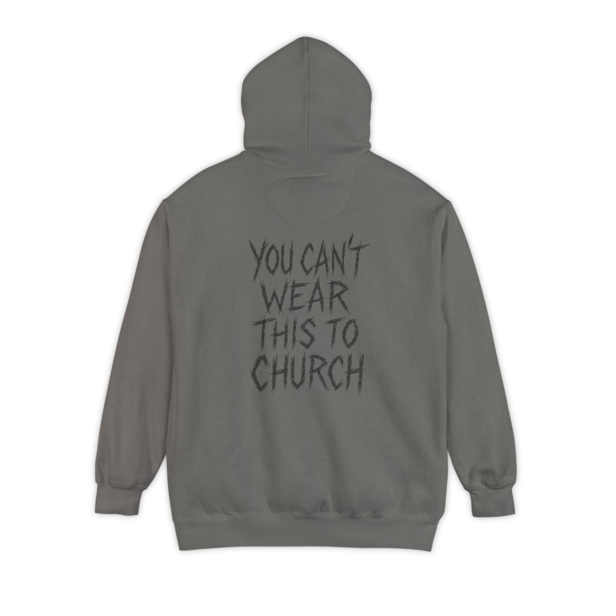 Back view of Purrada This Ain’t Churchwear Cat Graphic Grey Hoodie with slogan, hoodie for cat lovers