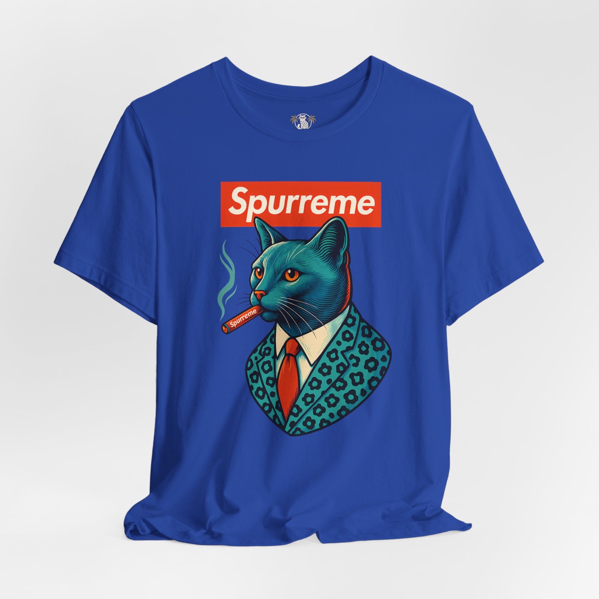 Blue Spurreme Ambassador Cat Graphic t shirt flat front – cat themed apparel
