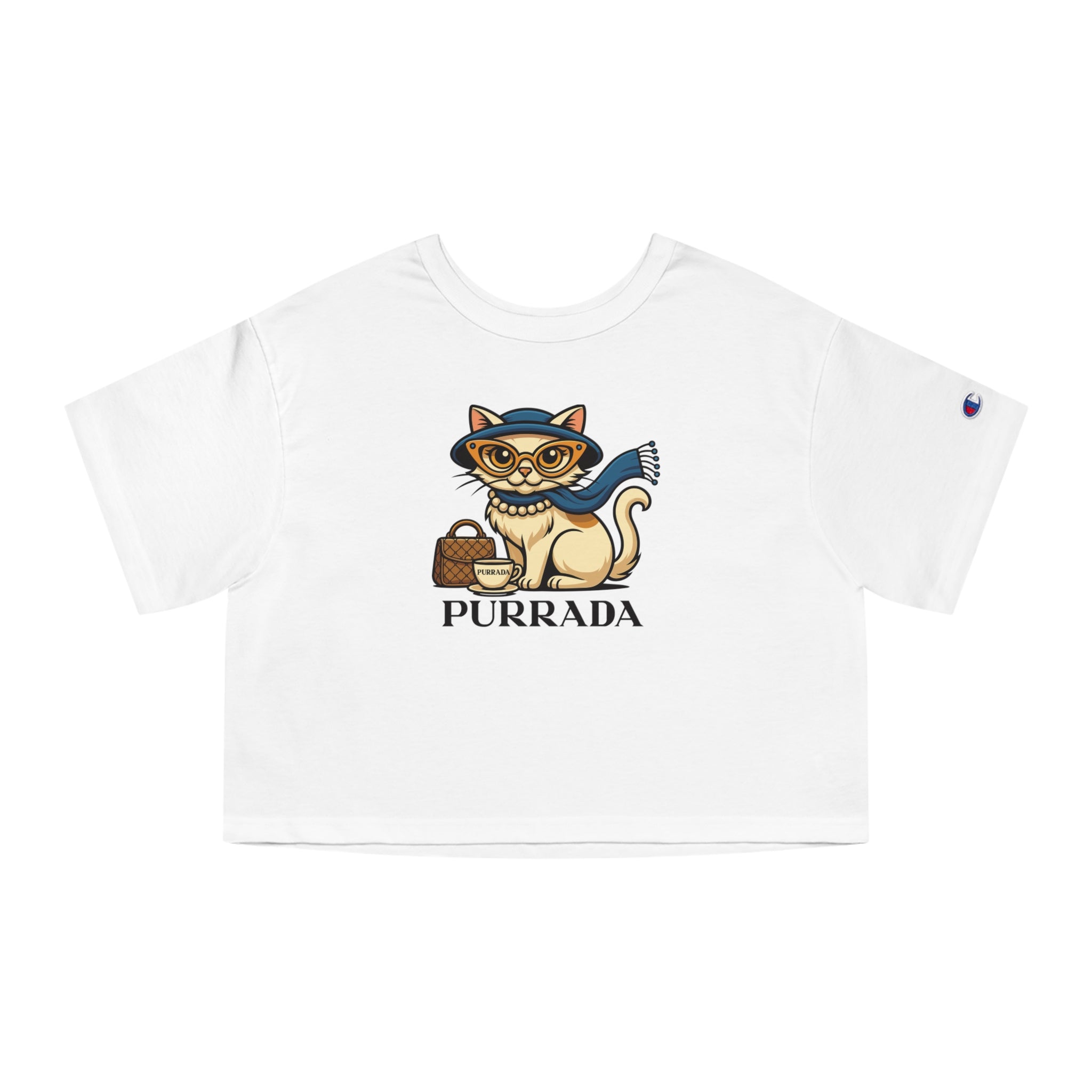 Purrada x Champion Feline Elegance Women's Cropped Top, white cropped top for cat lovers
