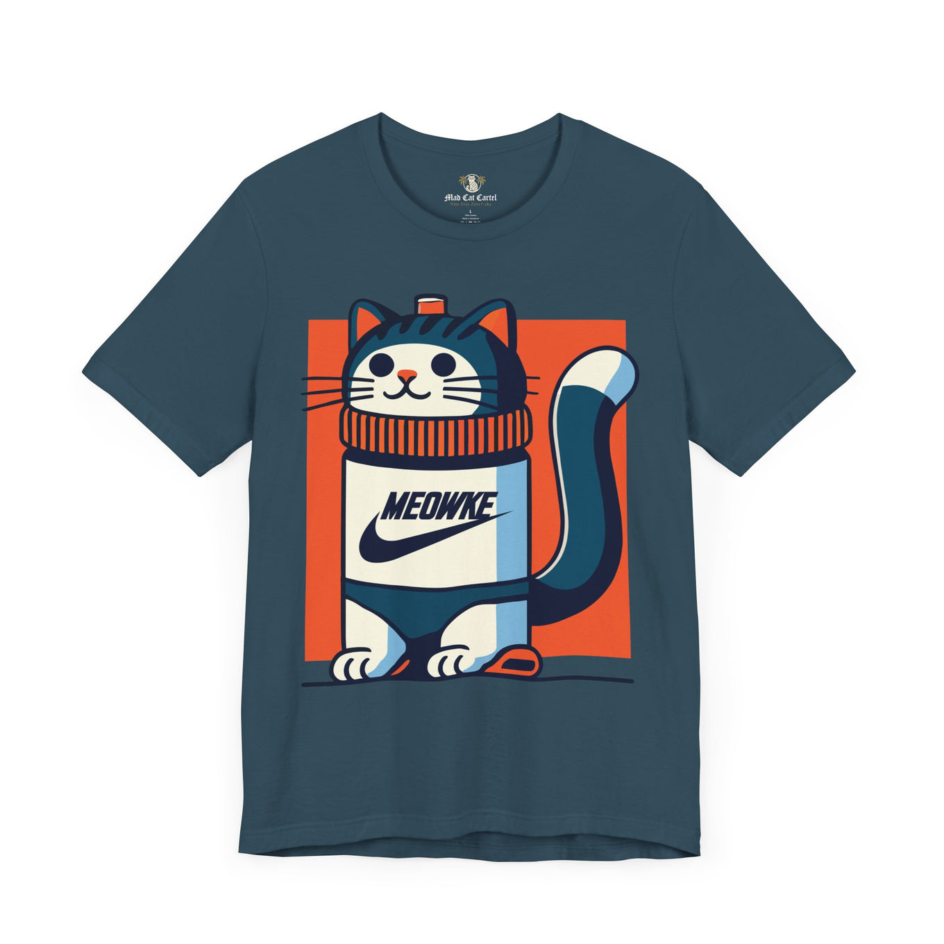 Funny cat shirt for men and women, deep teal Meowke Swoosh graphic tee with cartoon cat holding bottle, front view