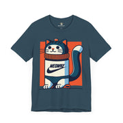 Funny cat shirt for men and women, deep teal Meowke Swoosh graphic tee with cartoon cat holding bottle, front view