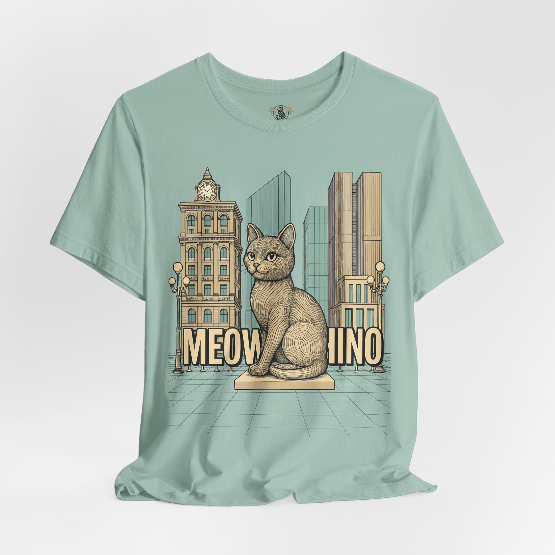 Cat themed shirts – dusty blue unisex tee, front view, Meowschino city cat statue print