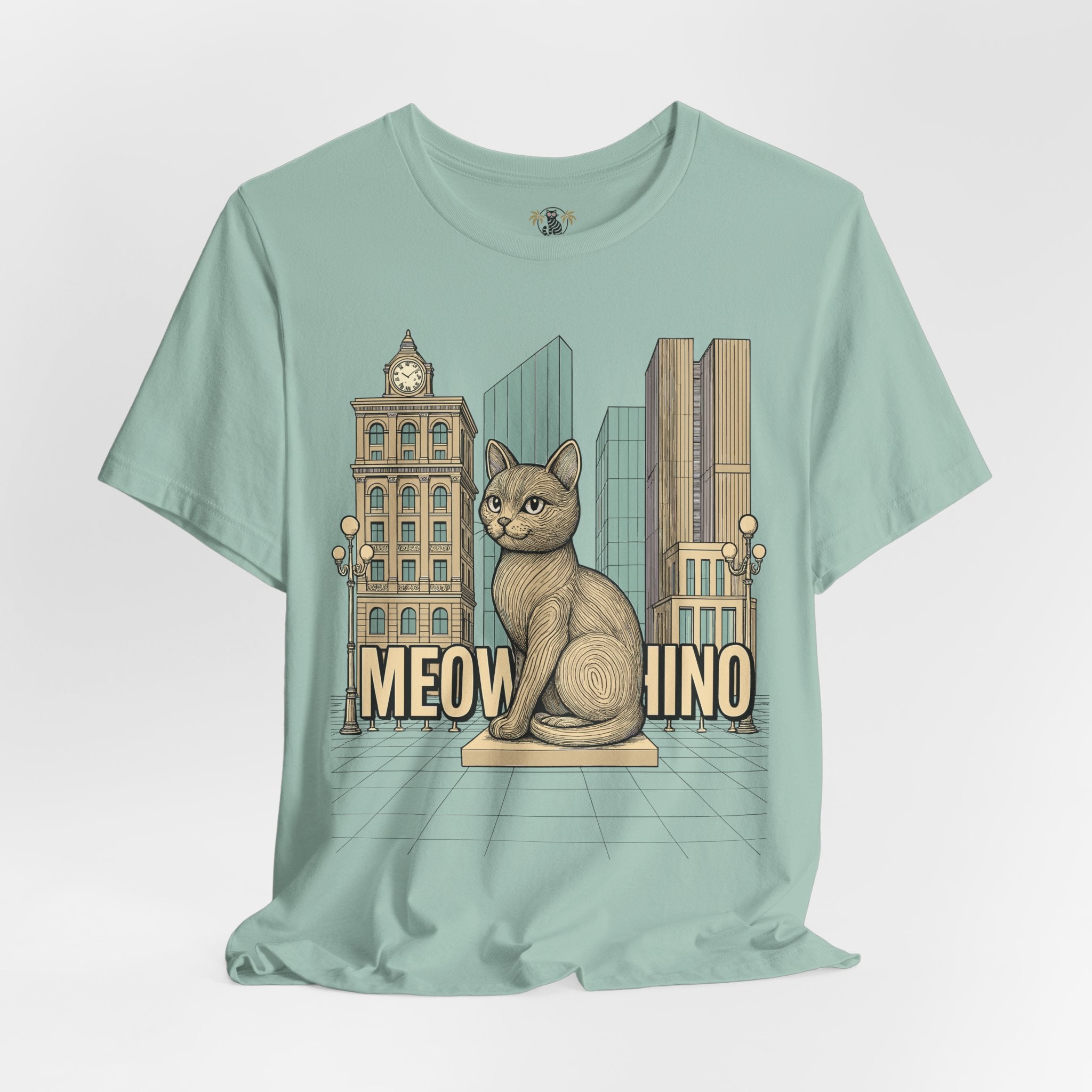 Cat themed shirts – dusty blue unisex tee, front view, Meowschino city cat statue print